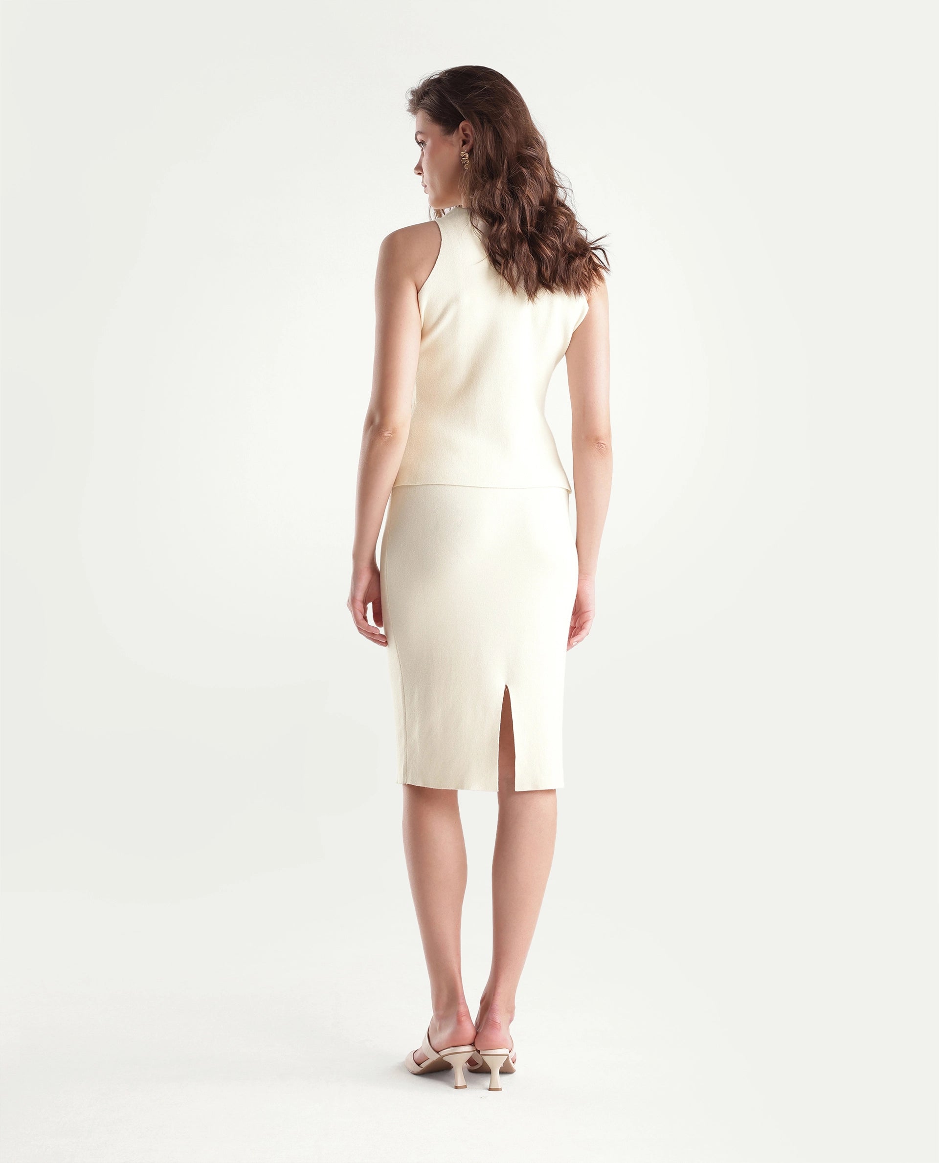 Rareism Women's Lwo-B Off White Viscose Blend Pull-On Slim Fit Skirt