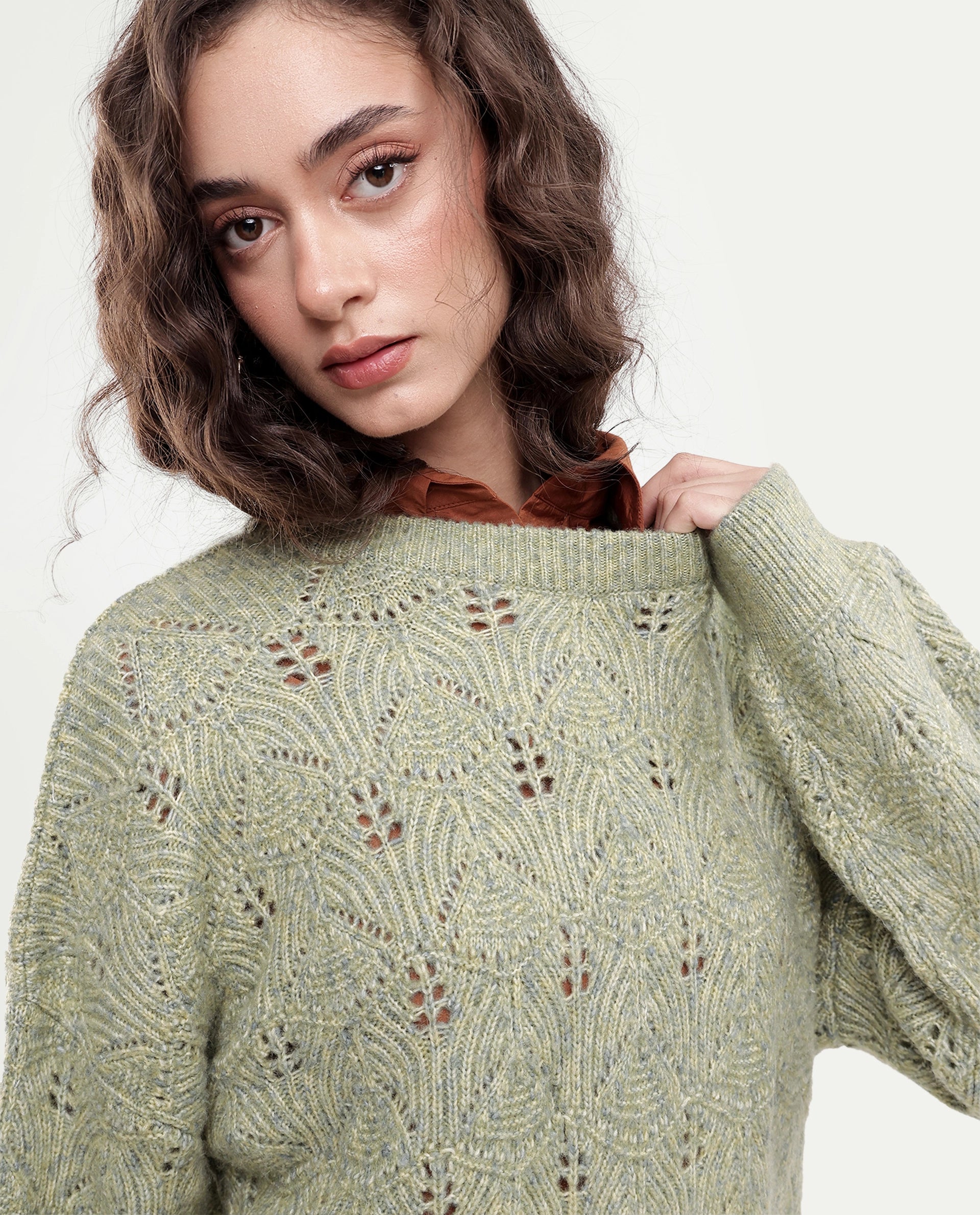 Rareism Women's Lan-Rsm Light Olive Acrylic Blend Pull-On Relaxed Fit Sweater