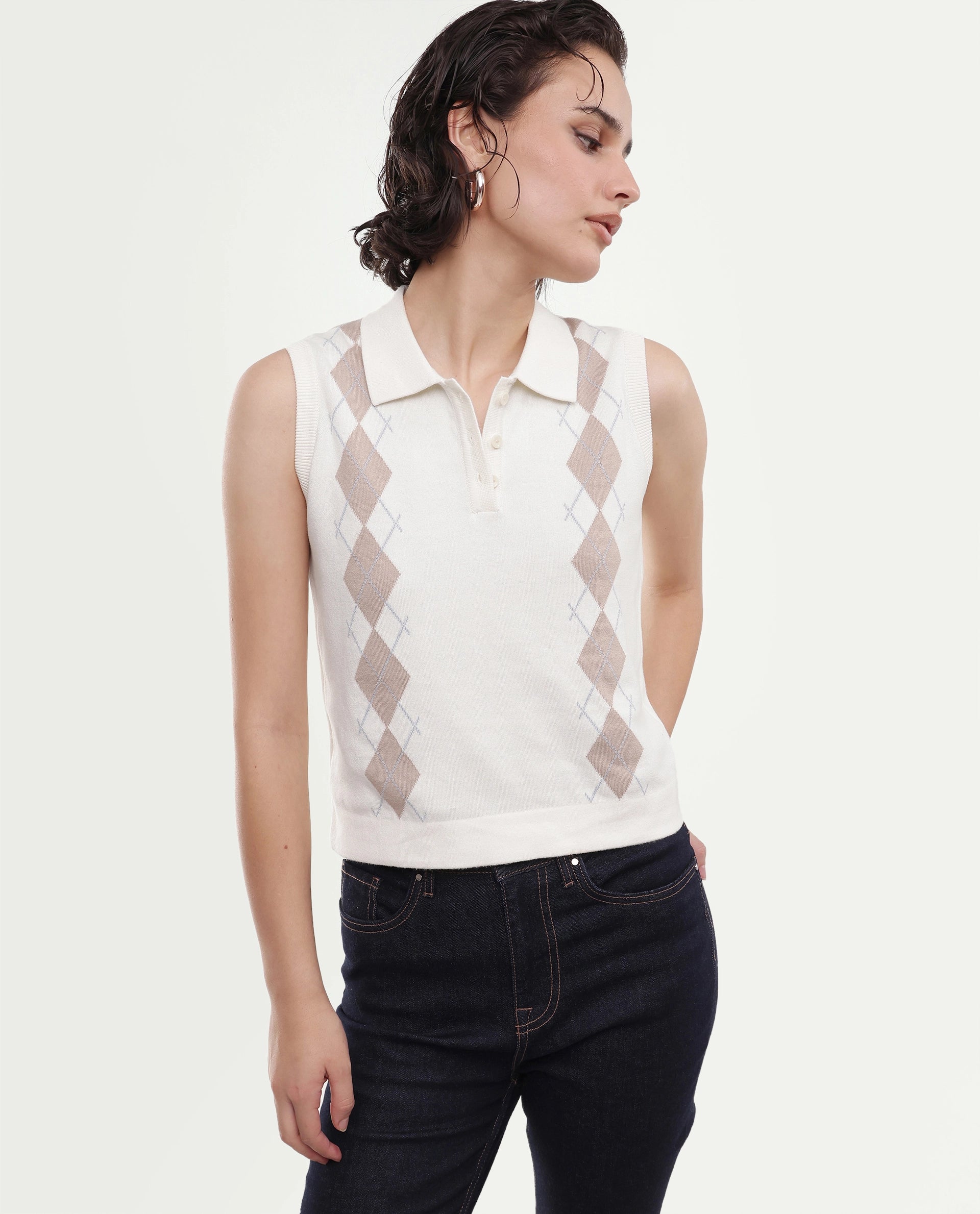 Rareism Women's Lango-A Off White Cotton Button Regular Fit Jacquard Polo
