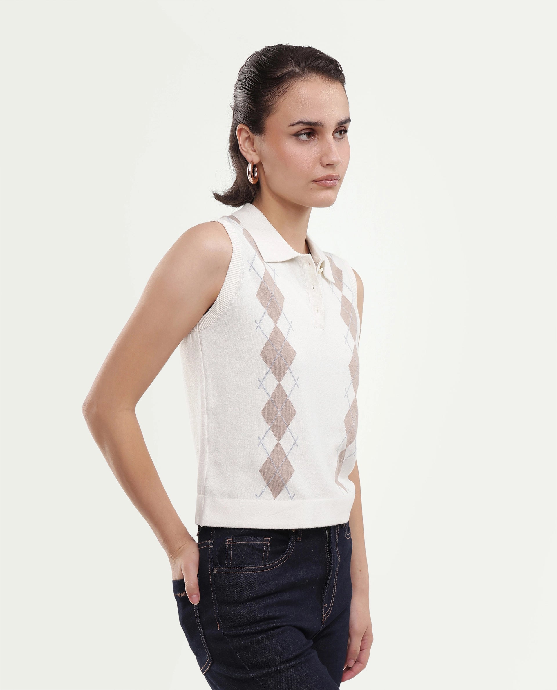 Rareism Women's Lango-A Off White Cotton Button Regular Fit Jacquard Polo