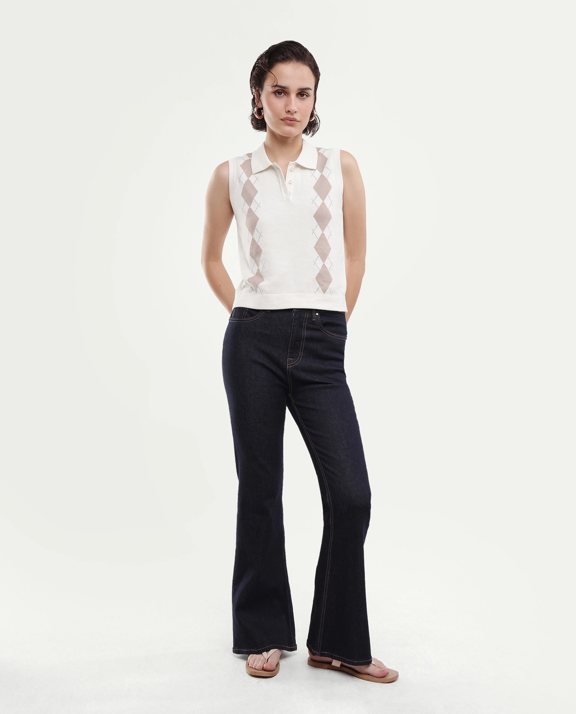 Rareism Women's Lango-A Off White Cotton Button Regular Fit Jacquard Polo