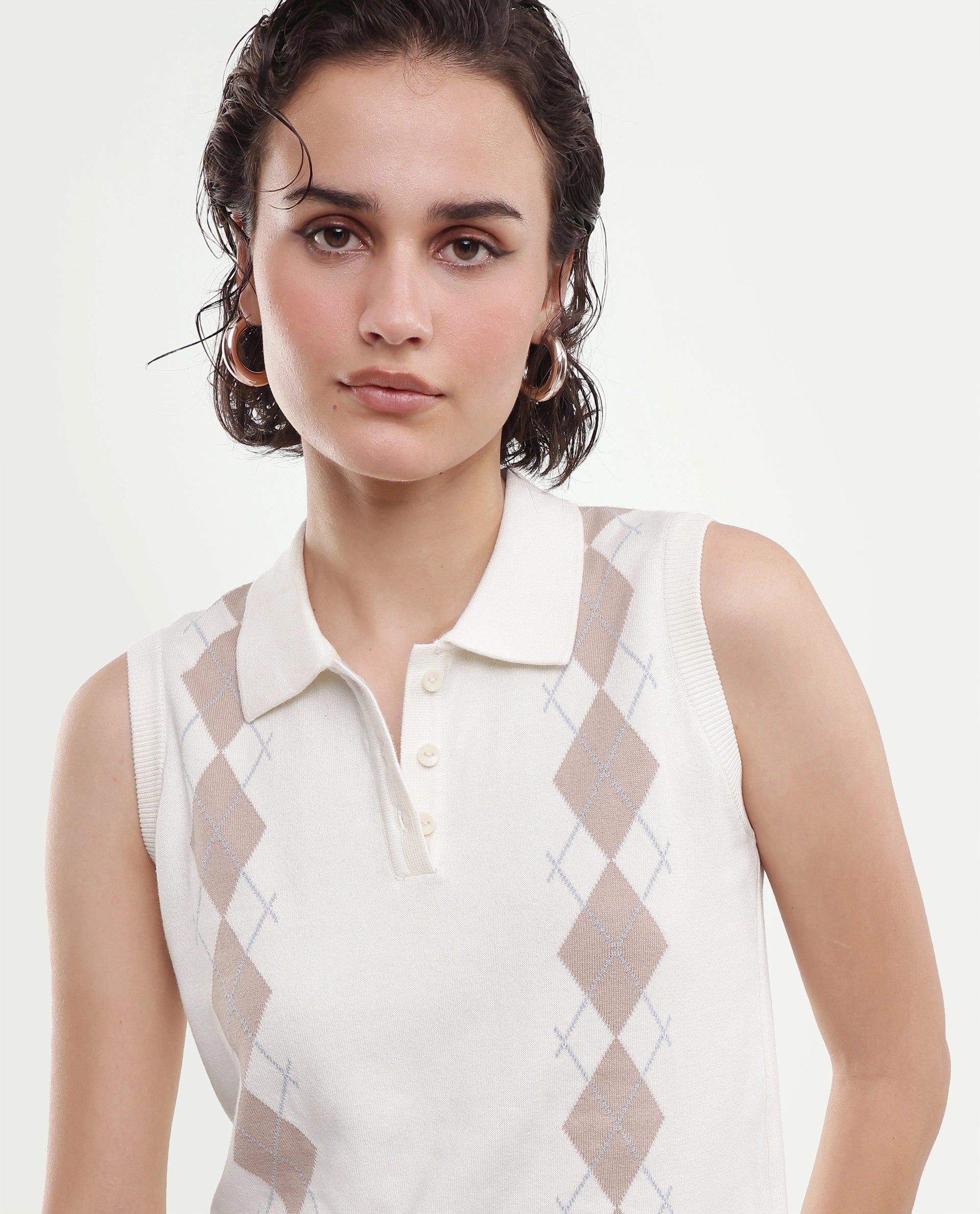 Rareism Women's Lango-A Off White Cotton Button Regular Fit Jacquard Polo