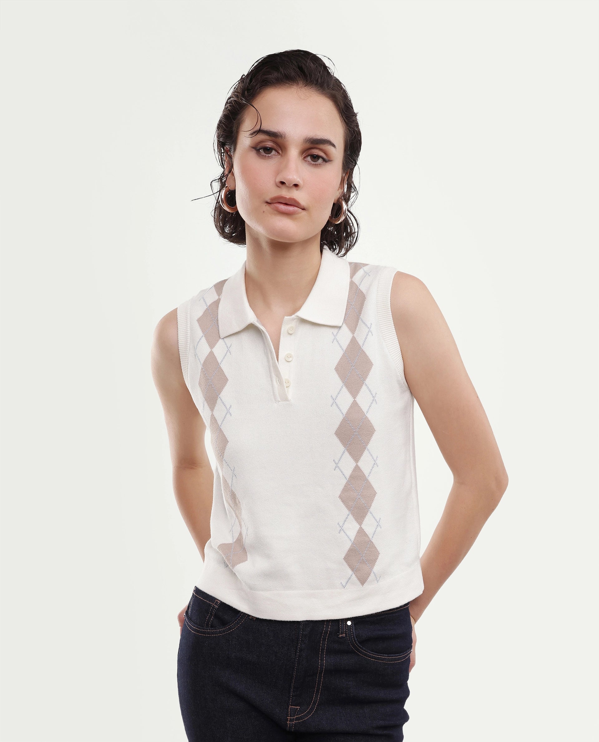 Rareism Women's Lango-A Off White Cotton Button Regular Fit Jacquard Polo