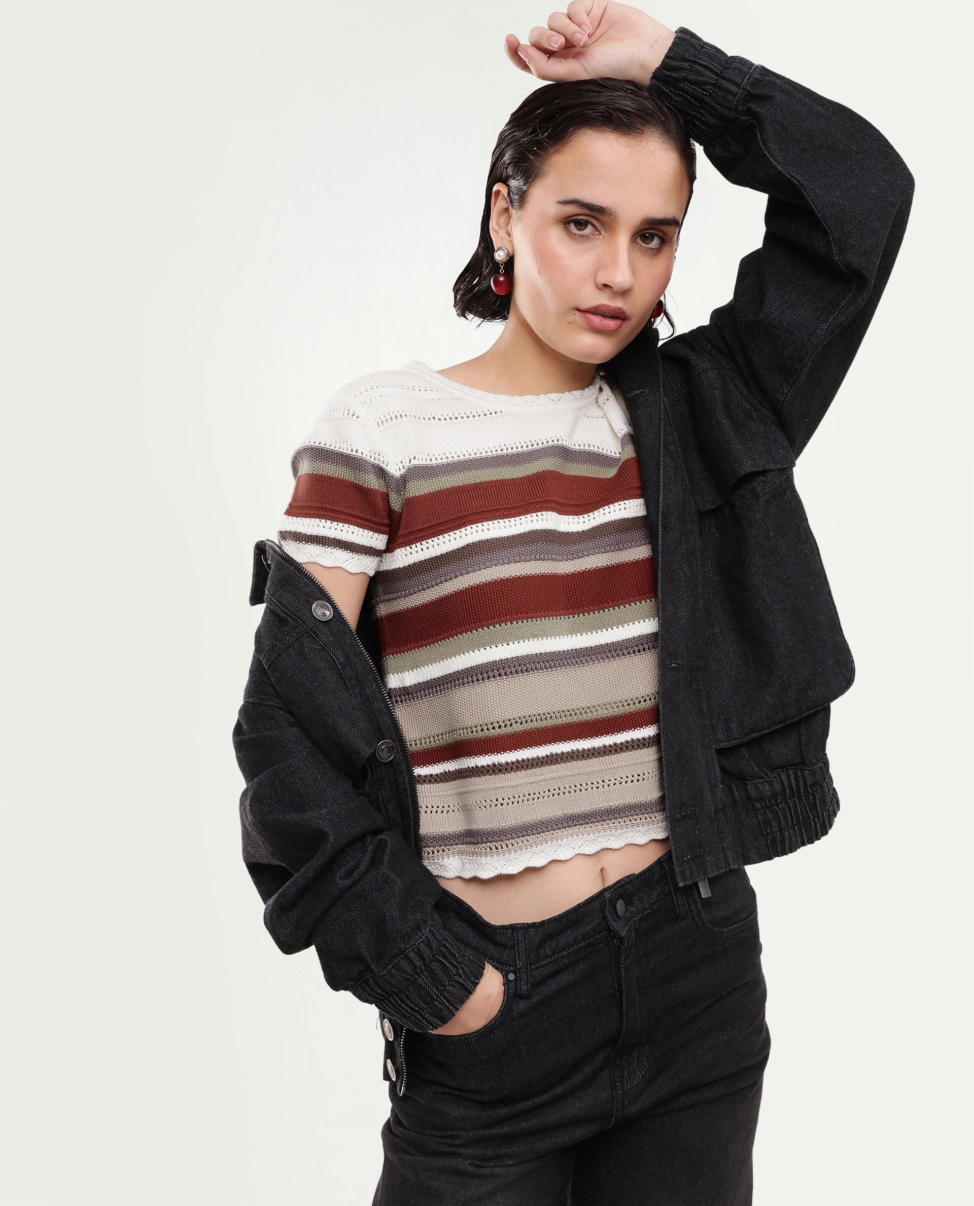 Rareism Women's Loco Off White Cotton Pull-On Relaxed Fit Striped Top