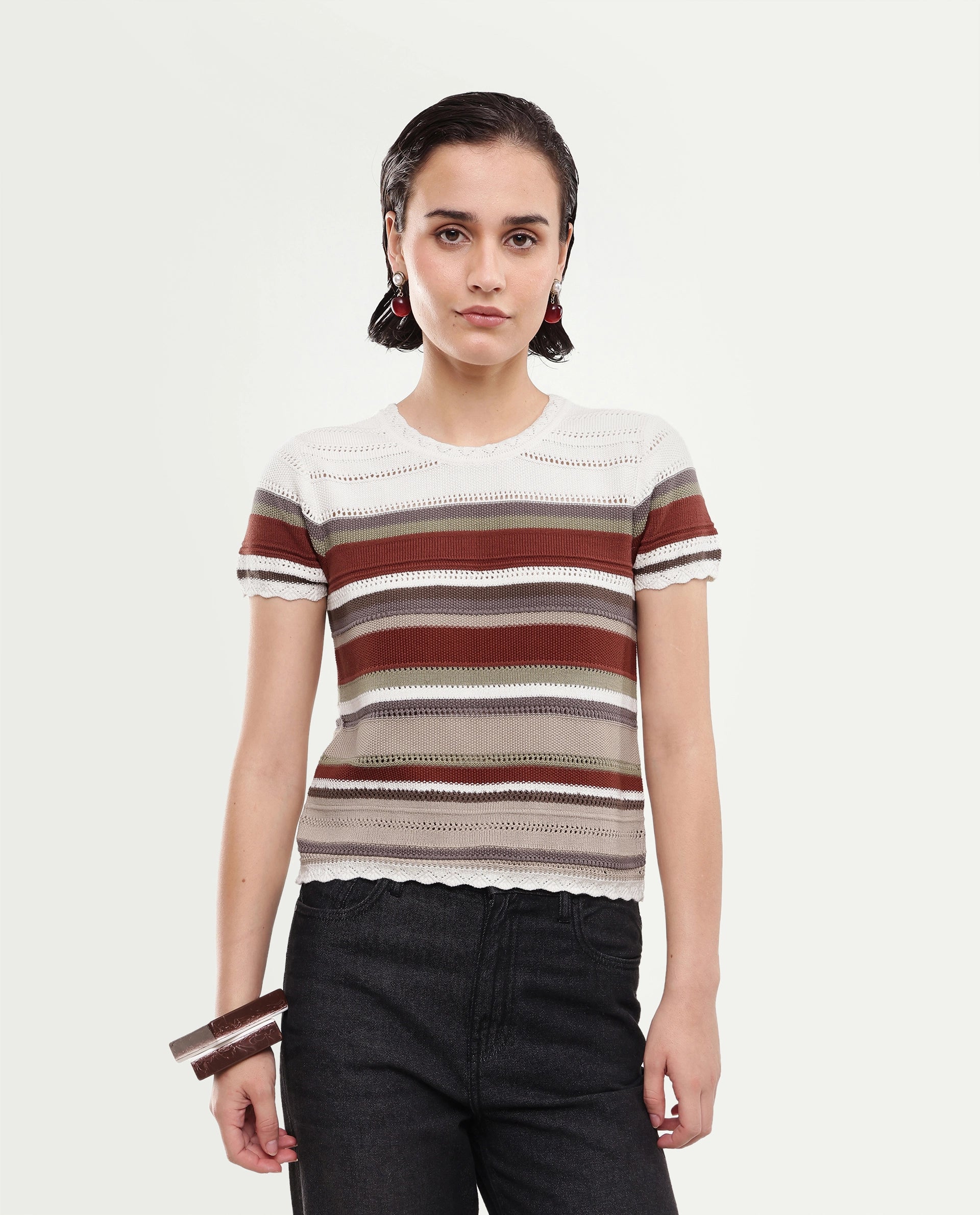Rareism Women's Loco Off White Cotton Pull-On Relaxed Fit Striped Top