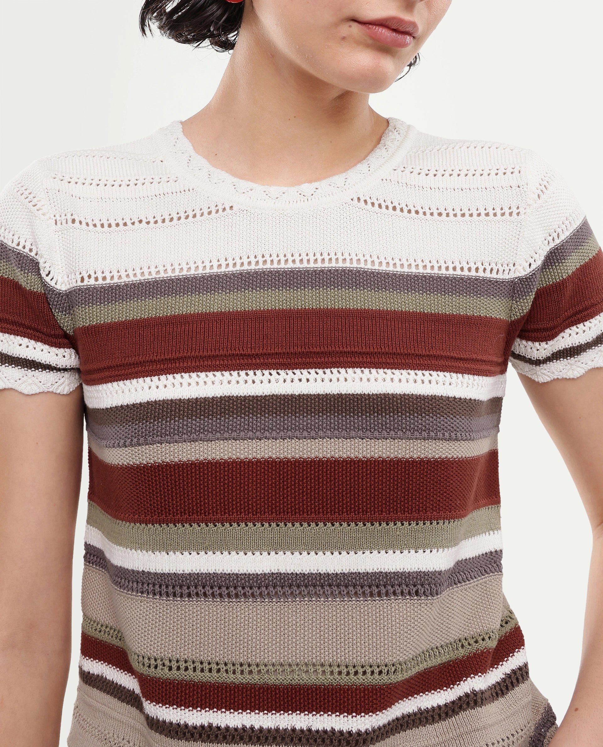 Rareism Women's Loco Off White Cotton Pull-On Relaxed Fit Striped Top