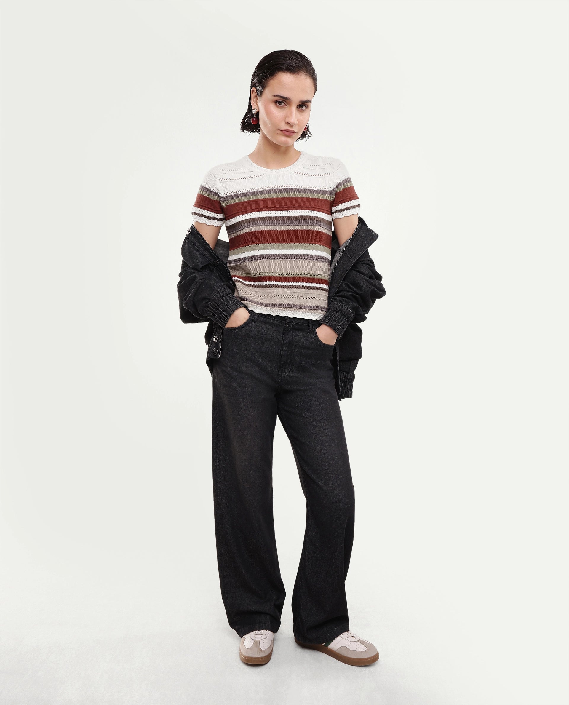Rareism Women's Loco Off White Cotton Pull-On Relaxed Fit Striped Top