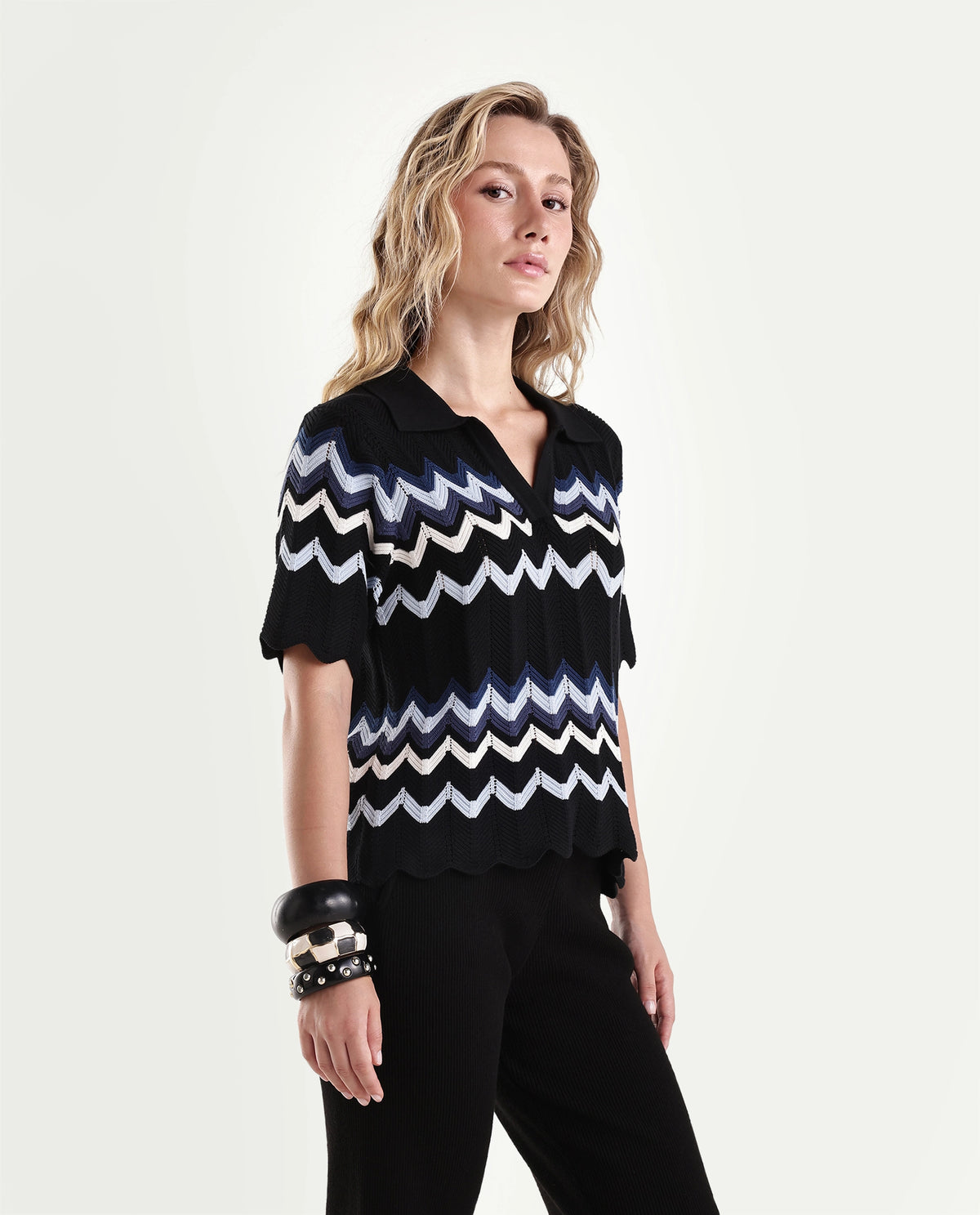 Rareism Women's Nuploaw26 Black Cotton Pull-On Regular Fit Striped Polo