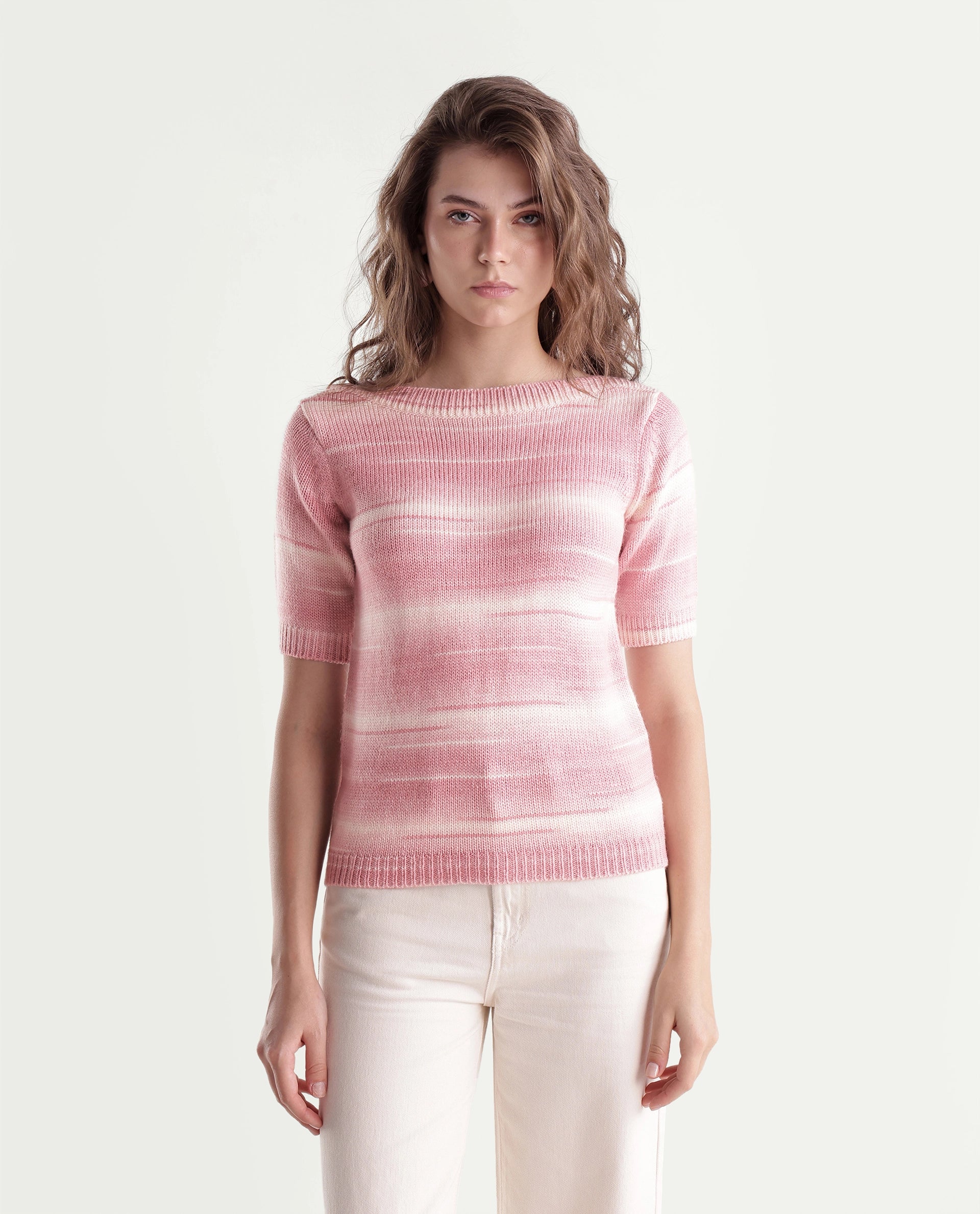 Rareism Women's Loho Light Pink Acrylic Pull-On Relaxed Fit Sweater