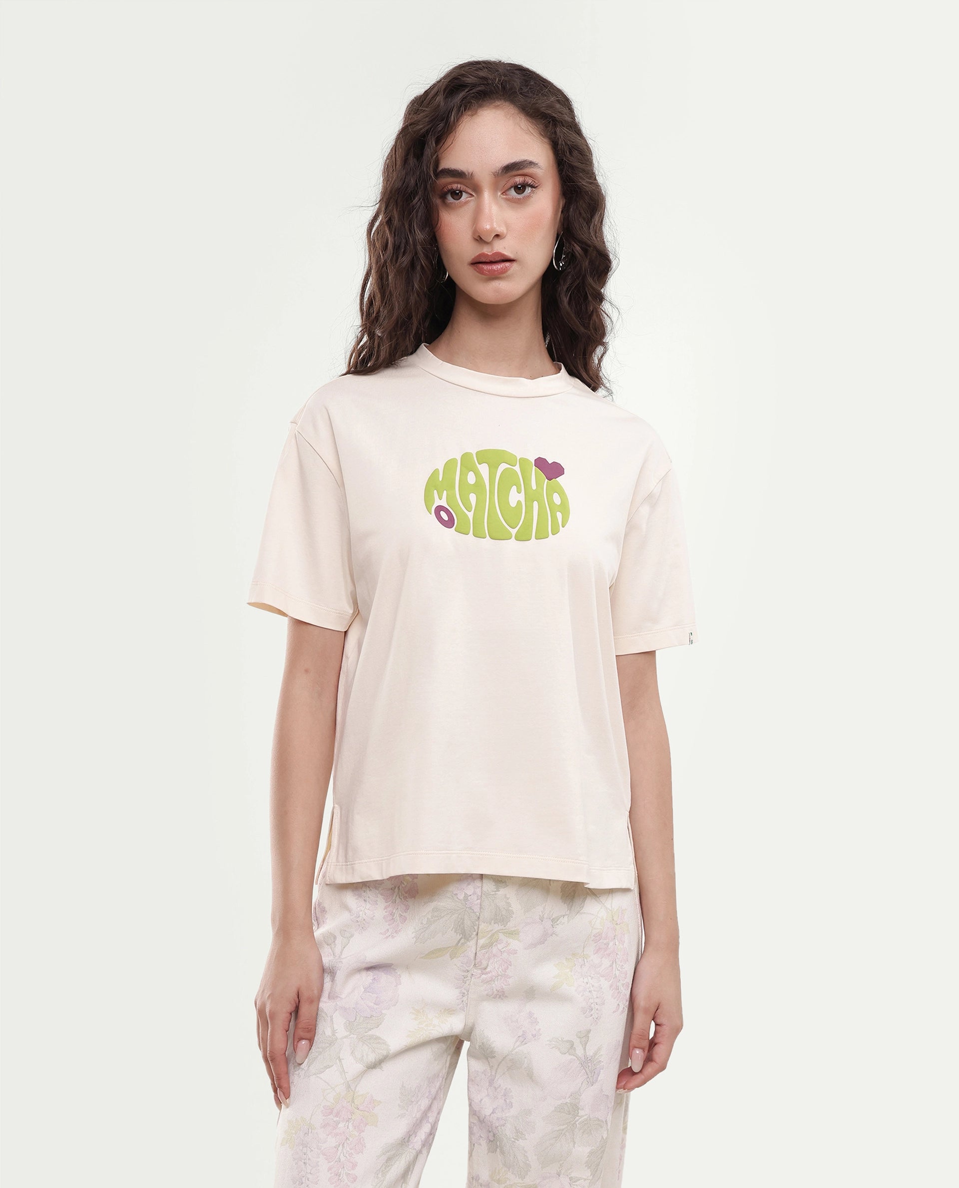 Rareism Women's Breebo Light Beige Typography Cotton Blend Relaxed Short Sleeves T-Shirt