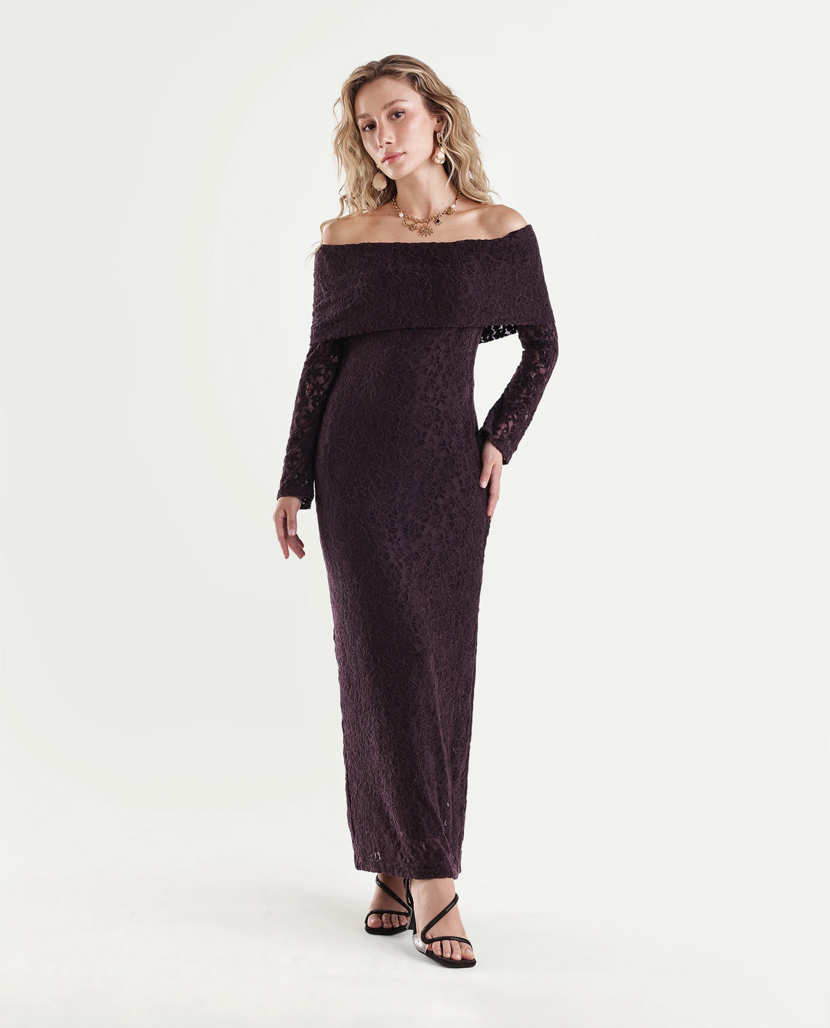 Rareism Women's Parsons Dark Maroon Polyester Blend Off Shoulder Bodycon Jacquard Dress - image 2