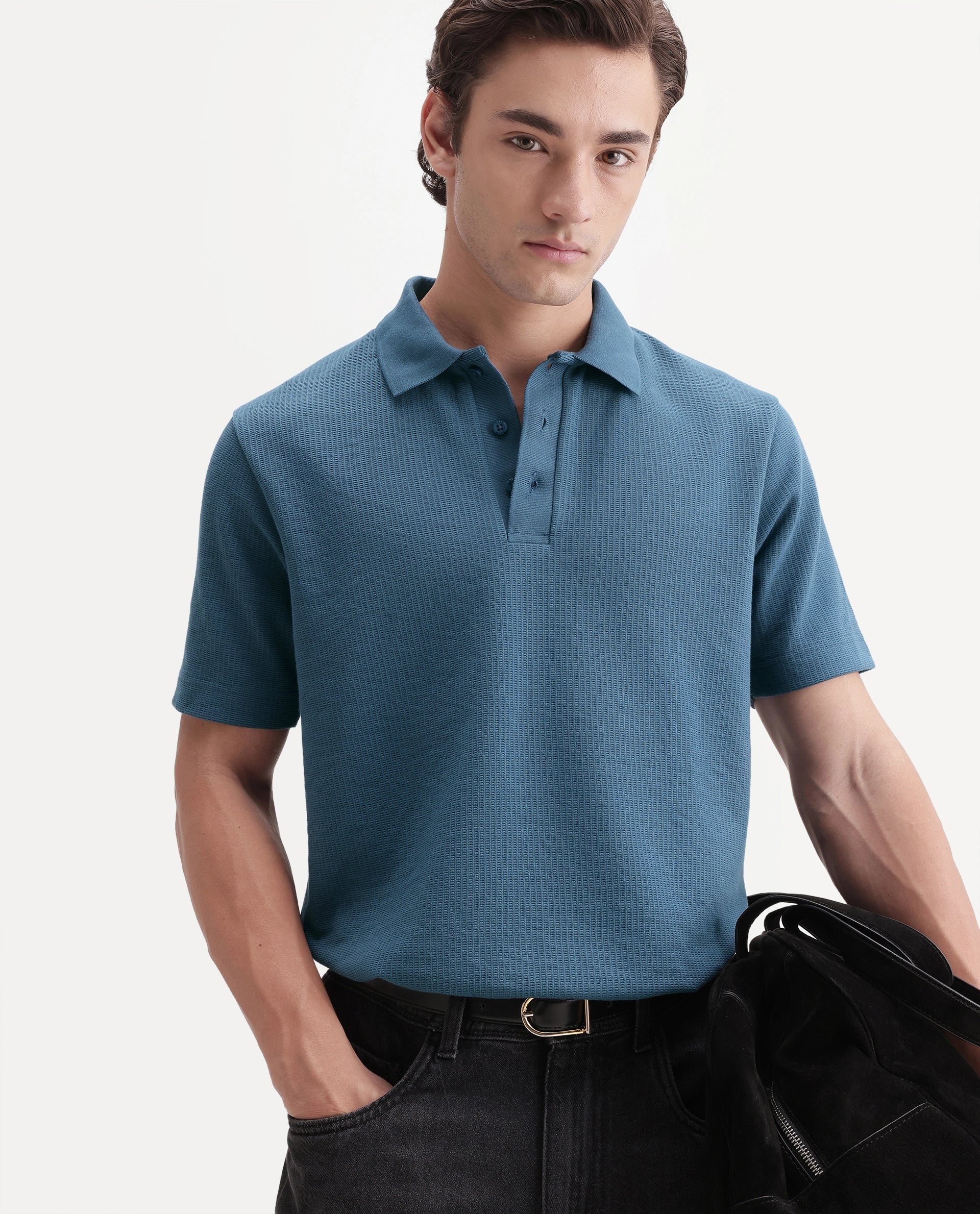 Rare Rabbit Men's Crast Dusky Blue Polyester Blend Spread Collar Regular Jacquard Polo