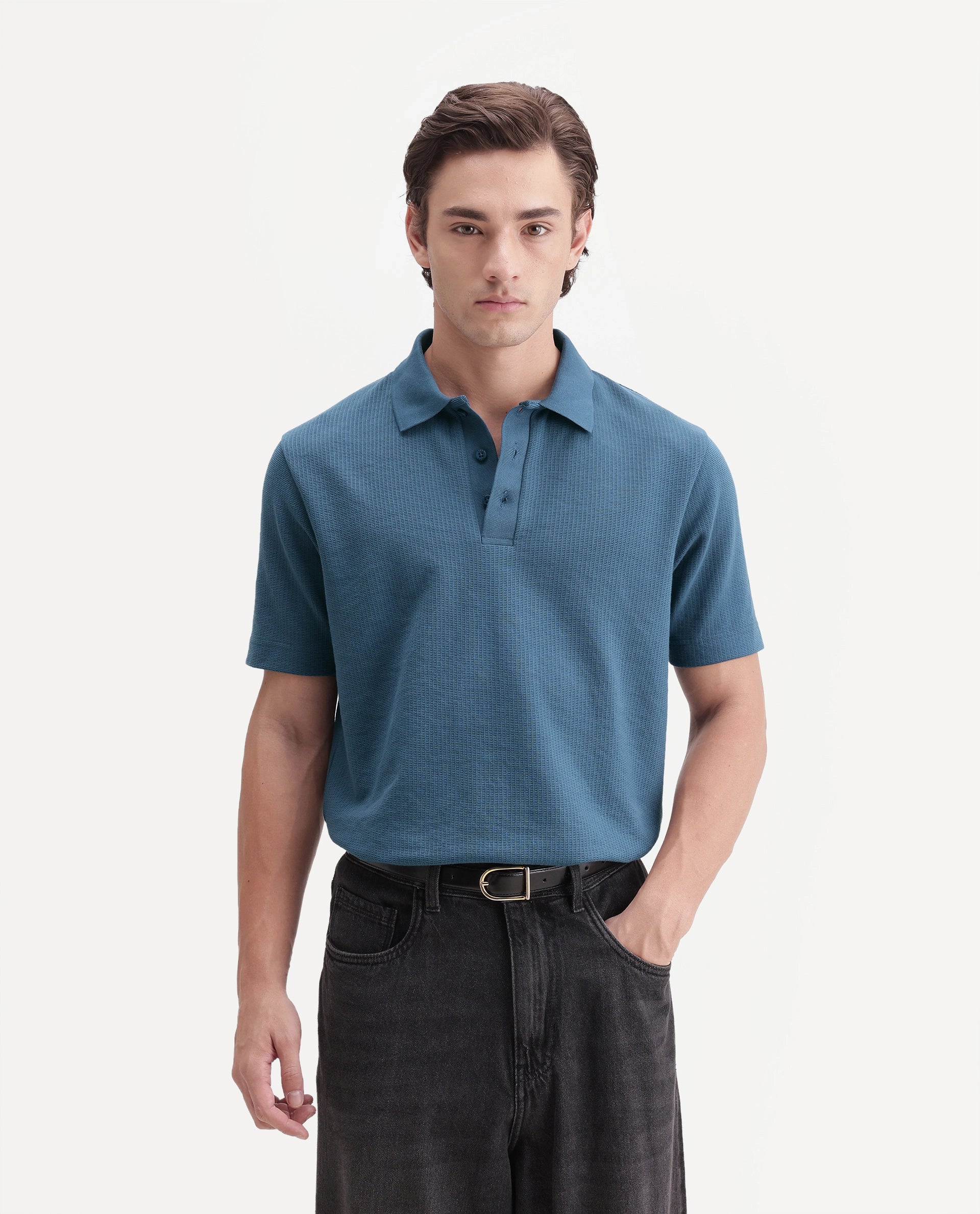 Rare Rabbit Men's Crast Dusky Blue Polyester Blend Spread Collar Regular Jacquard Polo