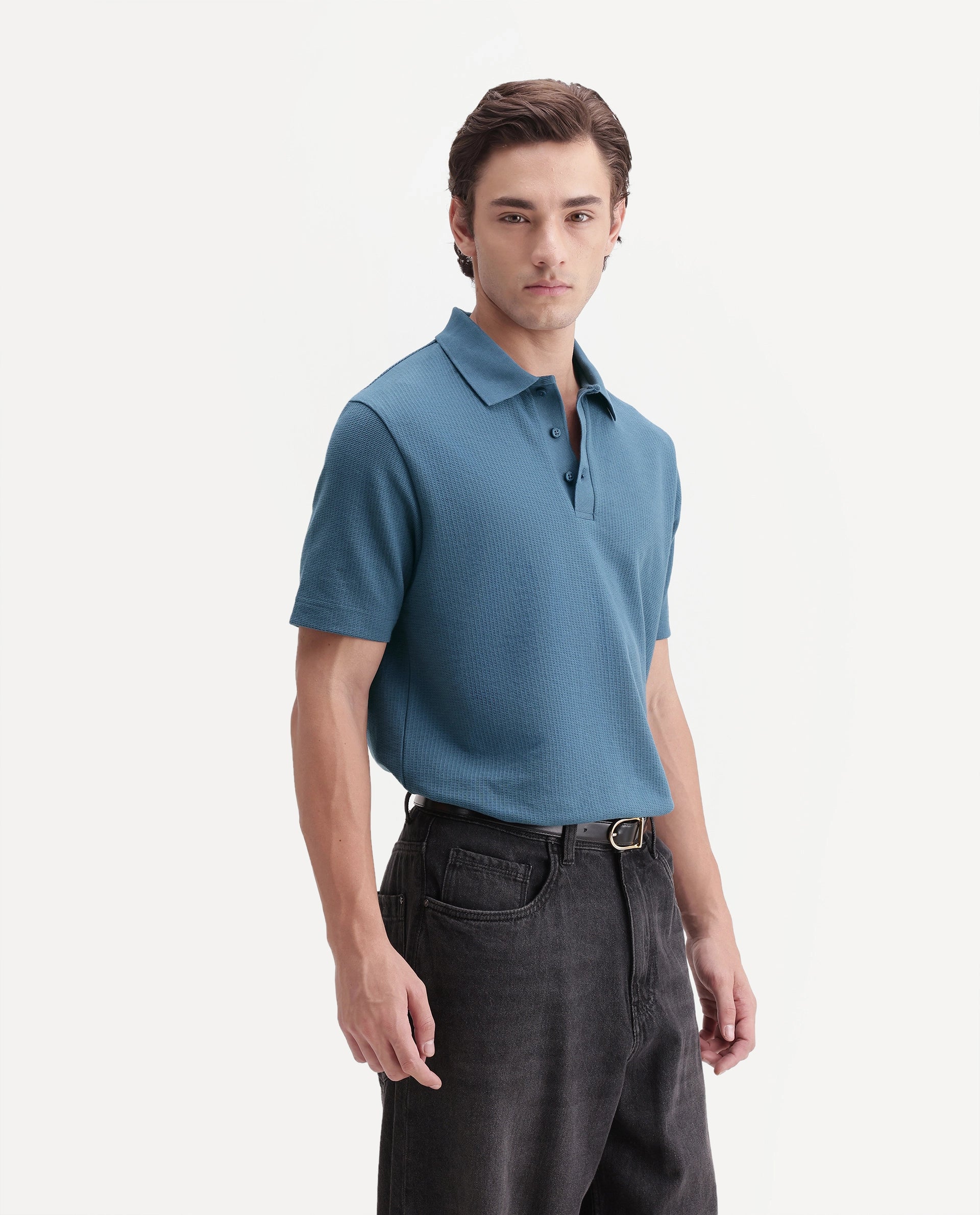 Rare Rabbit Men's Crast Dusky Blue Polyester Blend Spread Collar Regular Jacquard Polo