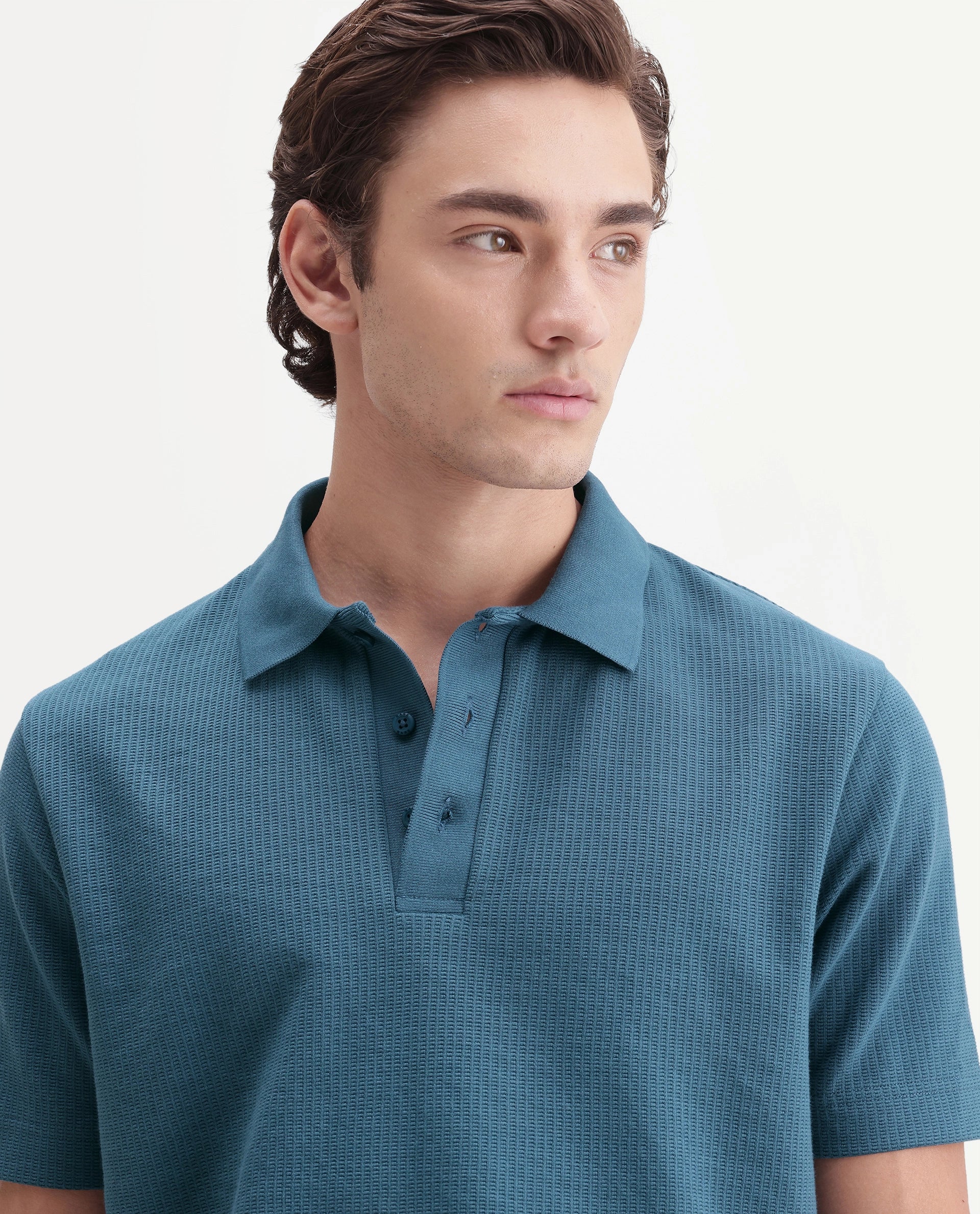 Rare Rabbit Men's Crast Dusky Blue Polyester Blend Spread Collar Regular Jacquard Polo