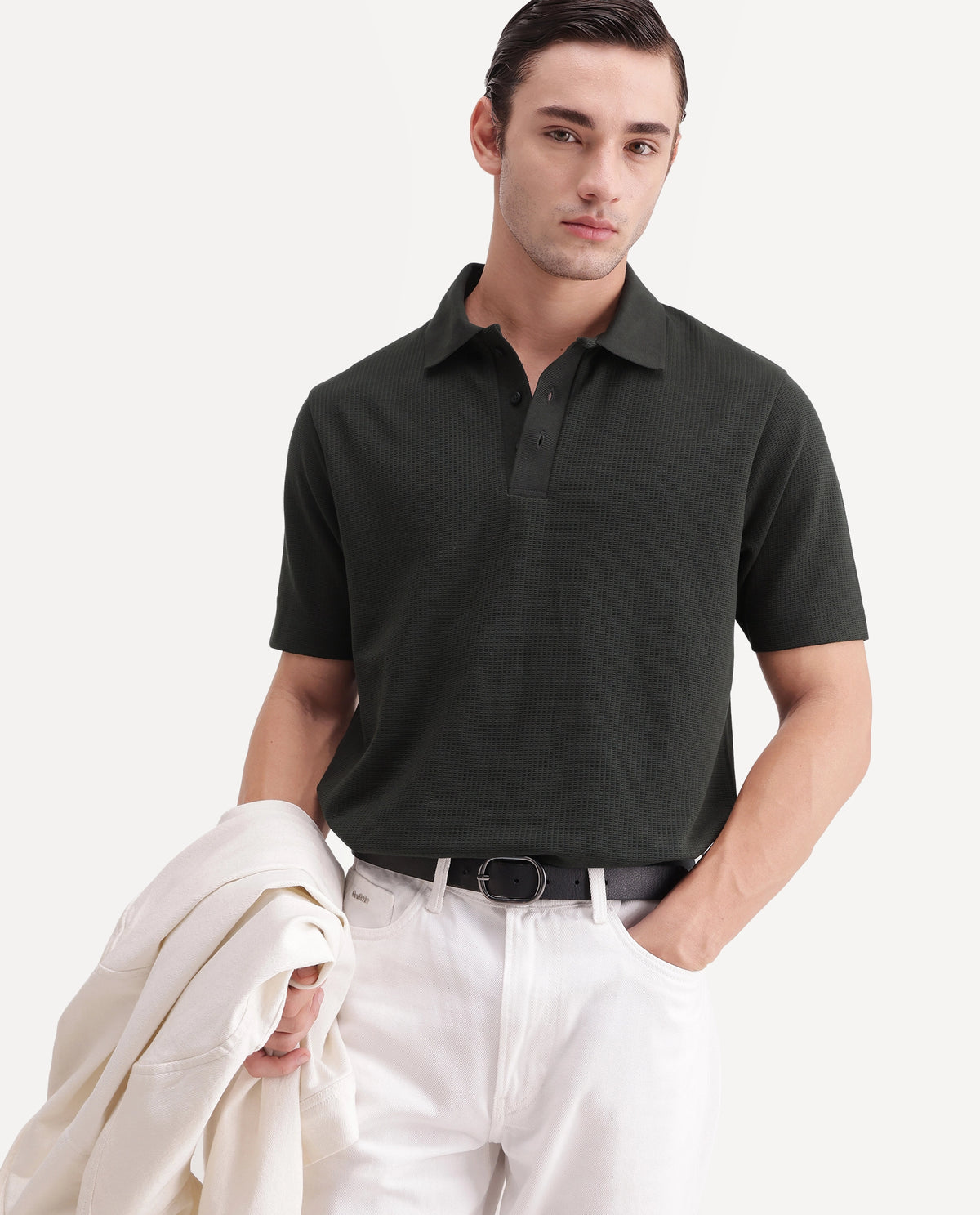 Rare Rabbit Men's Crast Green Polyester Blend Spread Collar Regular Jacquard Polo