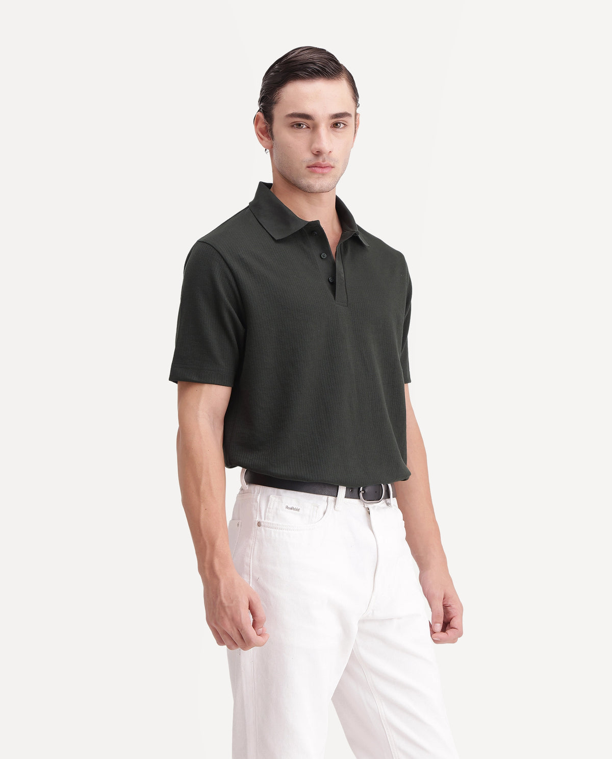 Rare Rabbit Men's Crast Green Polyester Blend Spread Collar Regular Jacquard Polo