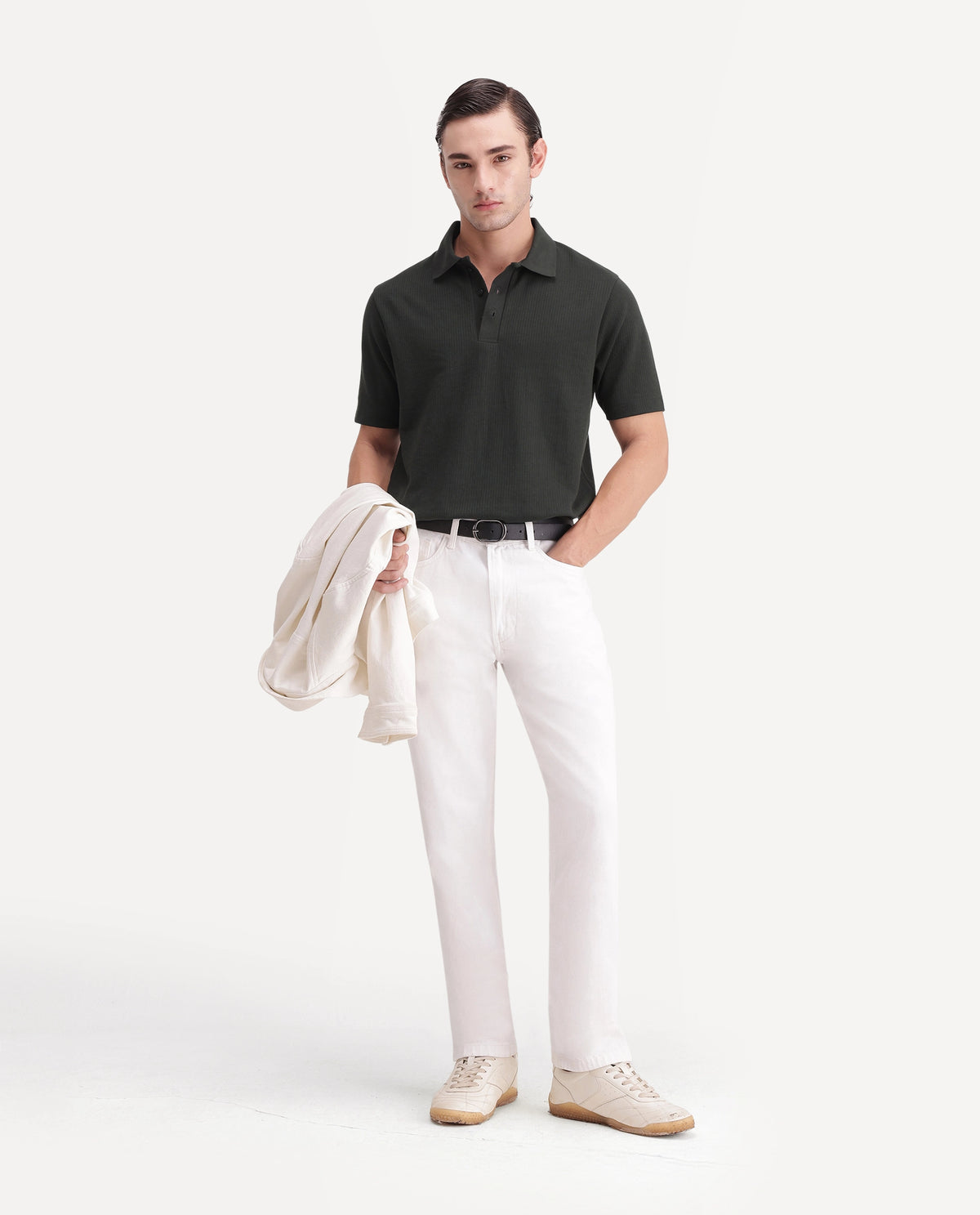 Rare Rabbit Men's Crast Green Polyester Blend Spread Collar Regular Jacquard Polo