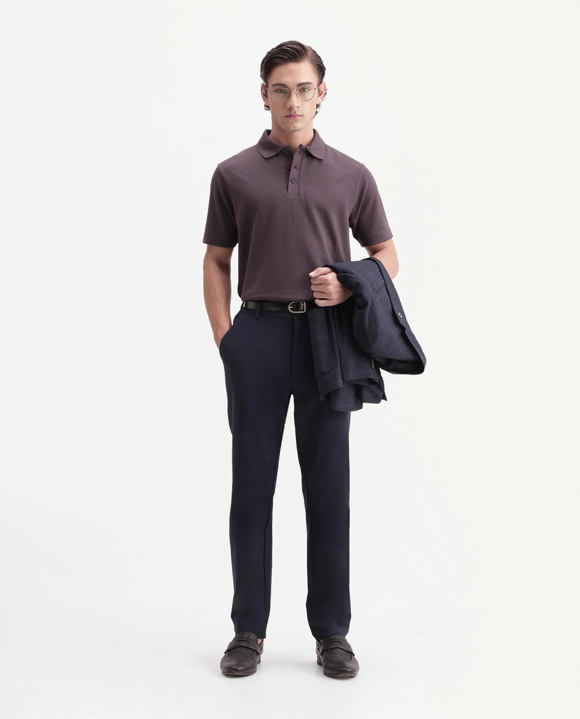 Rare Rabbit Men's Crast Purple Polyester Blend Spread Collar Regular Jacquard Polo