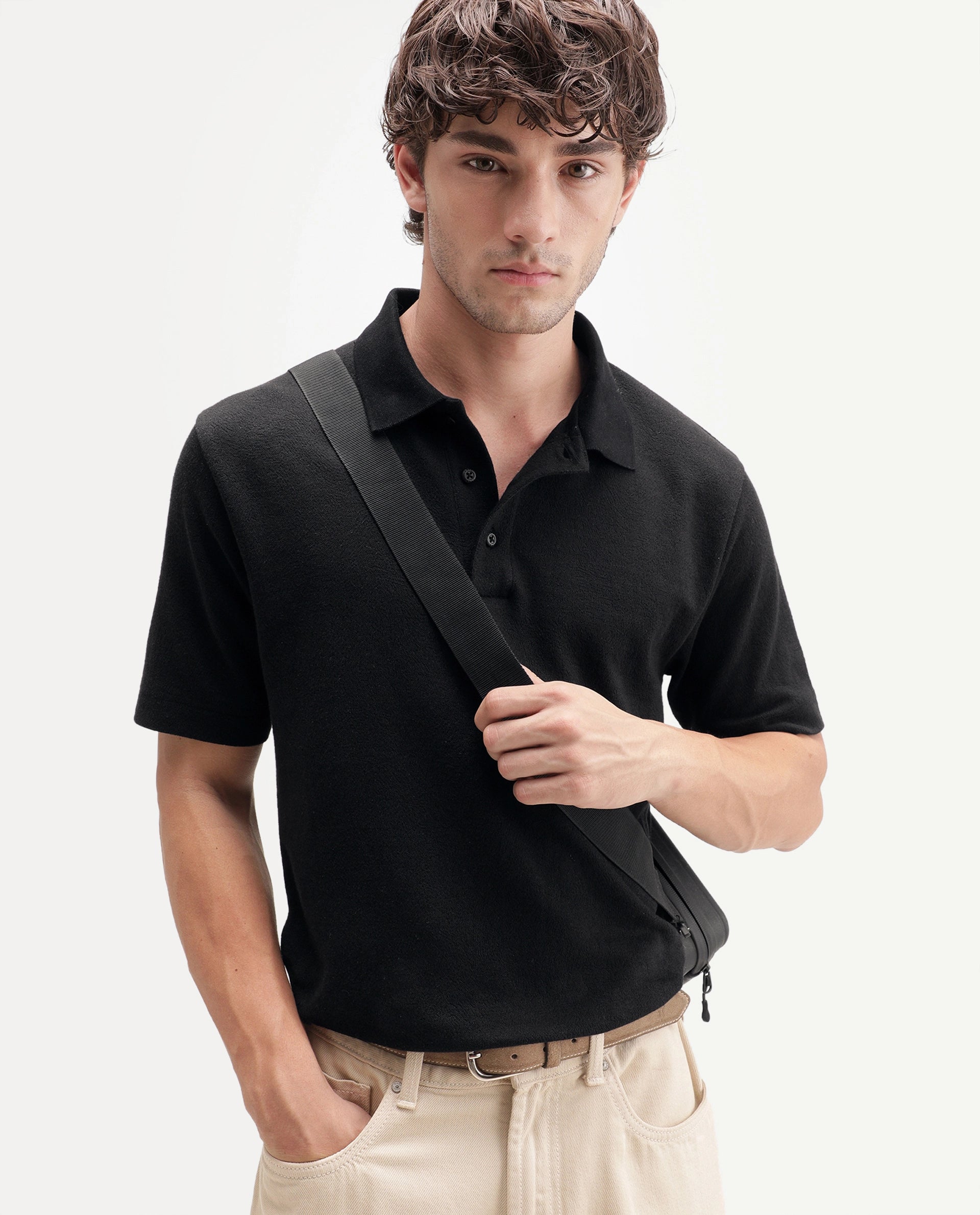 Rare Rabbit Men's Davin-P Black Cotton Blend Spread Collar Regular Plain Polo