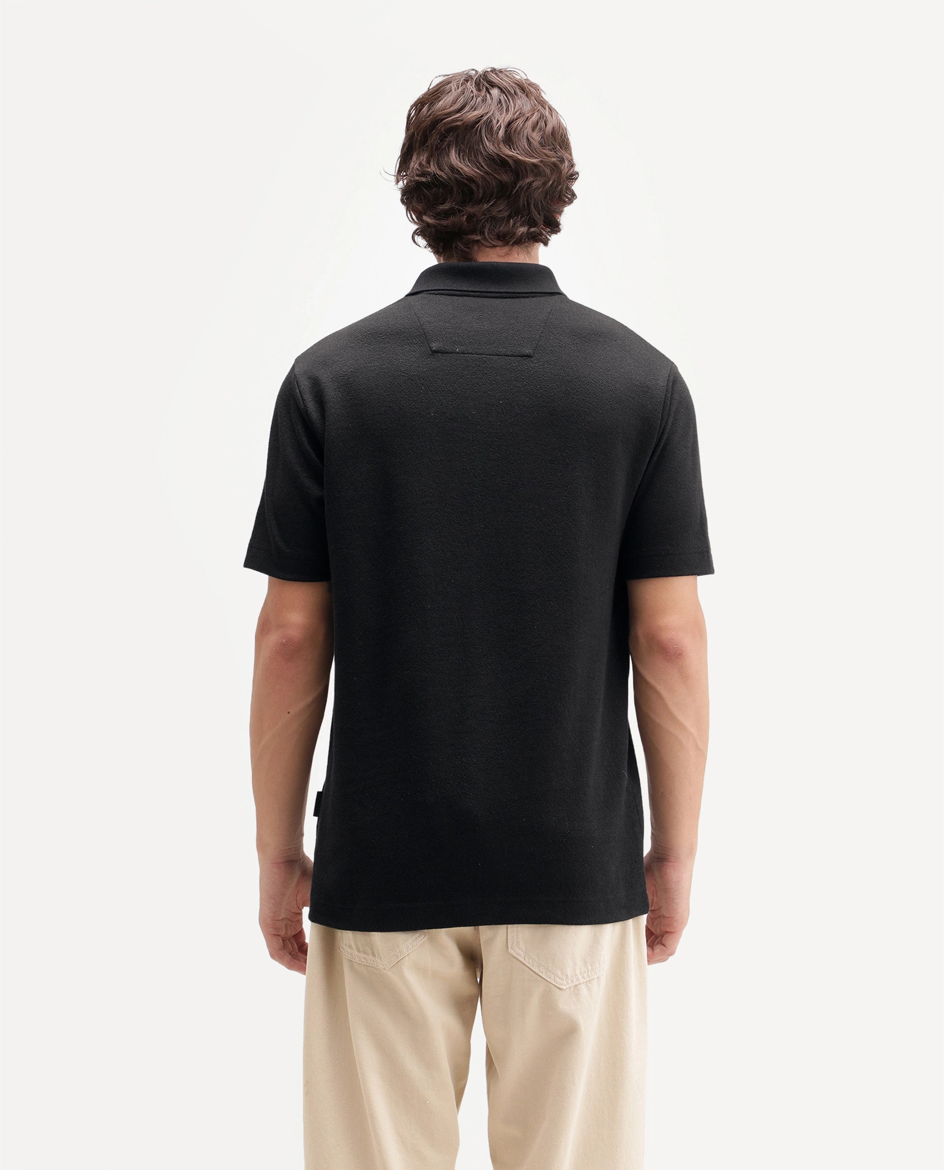 Rare Rabbit Men's Davin-P Black Cotton Blend Spread Collar Regular Plain Polo