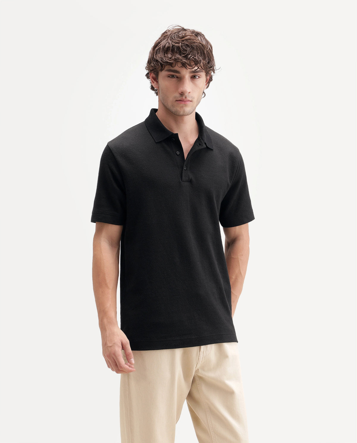 Rare Rabbit Men's Davin-P Black Cotton Blend Spread Collar Regular Plain Polo
