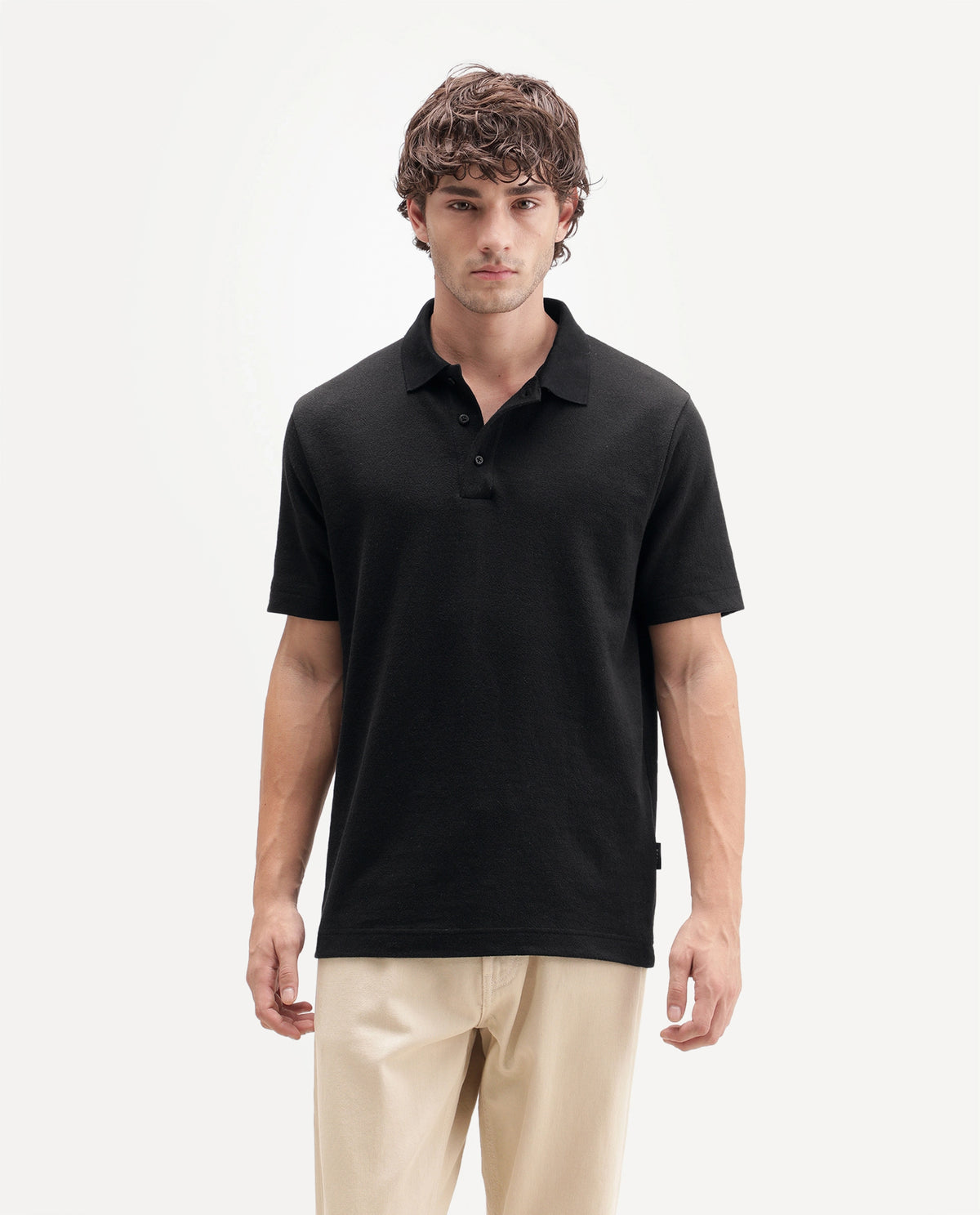 Rare Rabbit Men's Davin-P Black Cotton Blend Spread Collar Regular Plain Polo