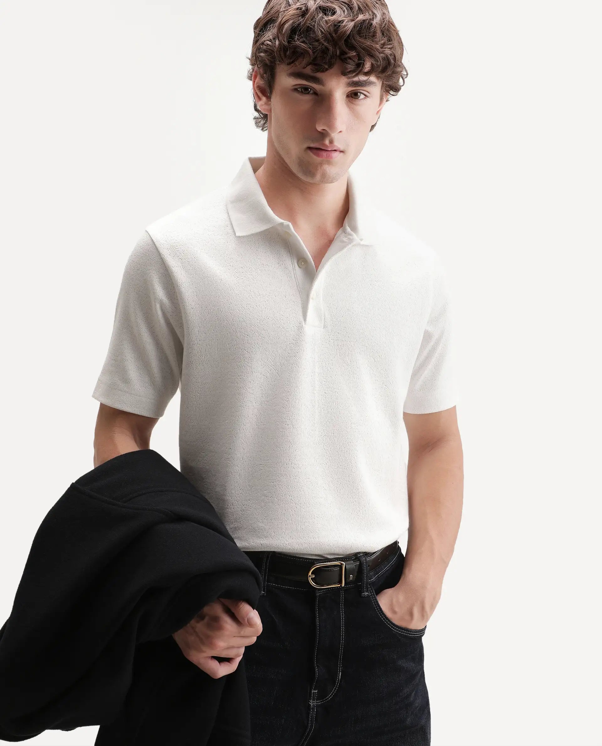 Rare Rabbit Men's Davin-P White Cotton Blend Spread Collar Regular Plain Polo