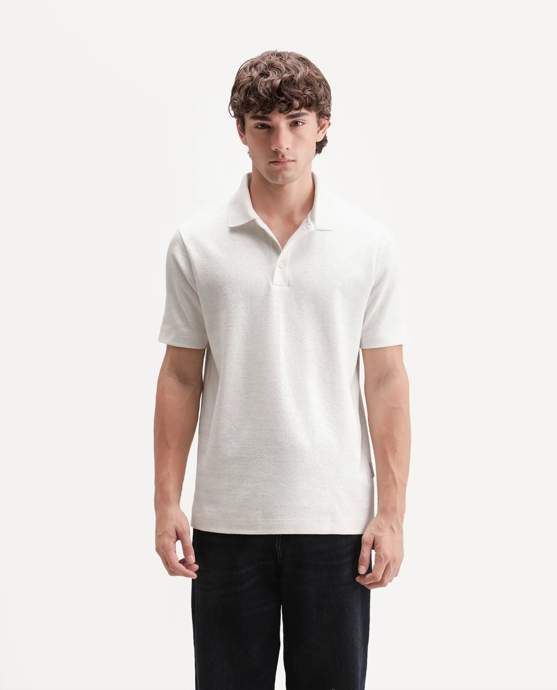 Rare Rabbit Men's Davin-P White Cotton Blend Spread Collar Regular Plain Polo