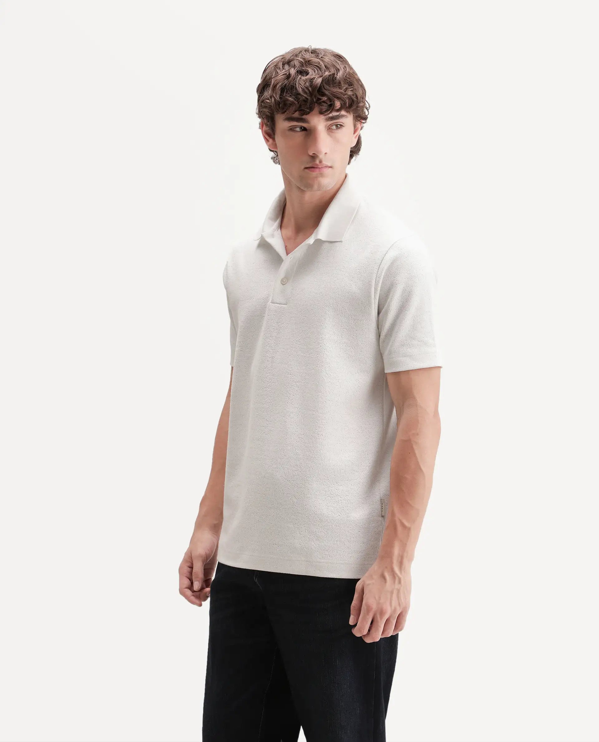 Rare Rabbit Men's Davin-P White Cotton Blend Spread Collar Regular Plain Polo