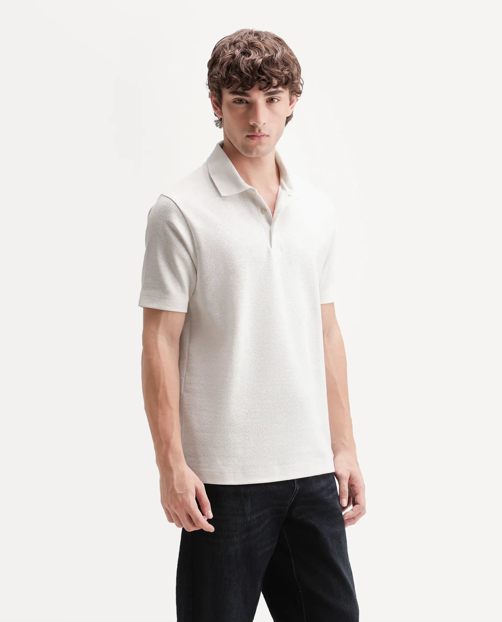 Rare Rabbit Men's Davin-P White Cotton Blend Spread Collar Regular Plain Polo