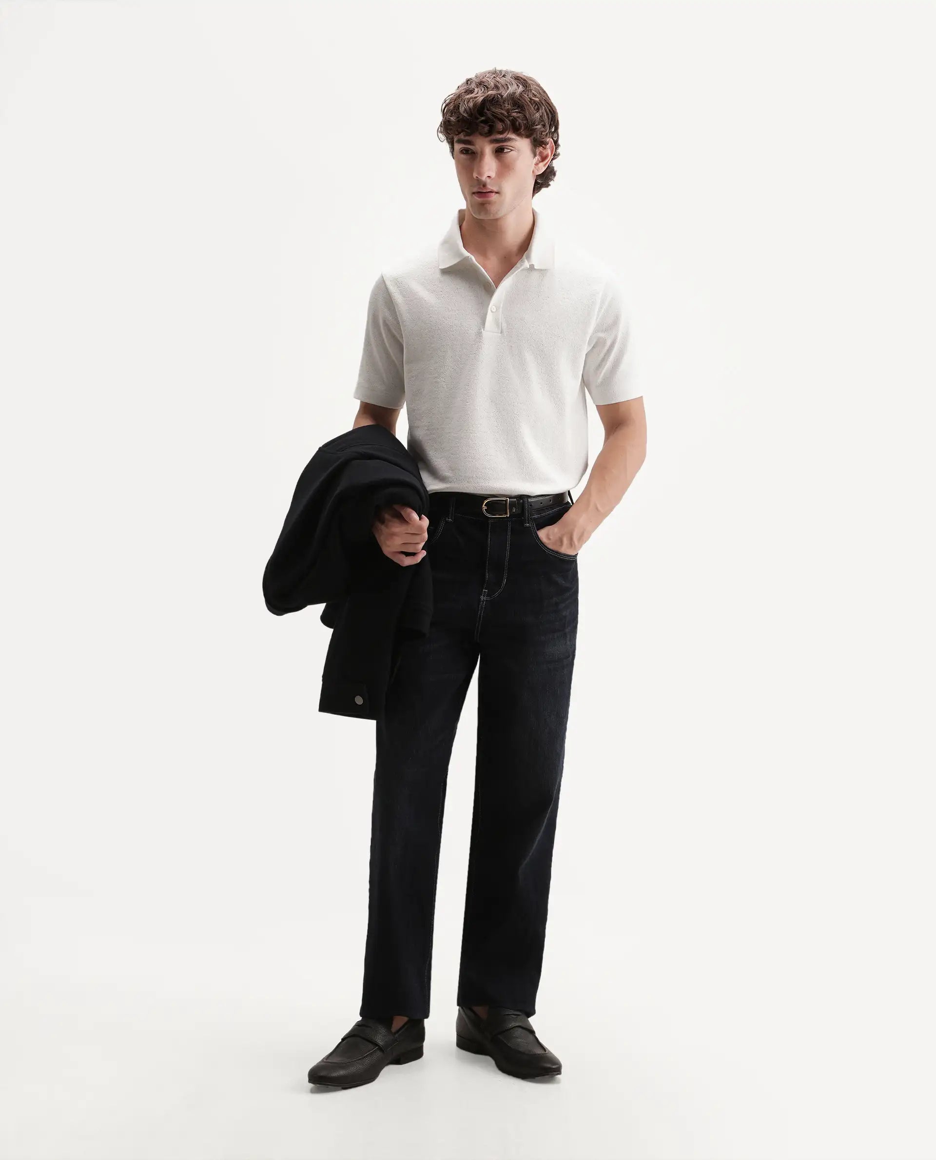 Rare Rabbit Men's Davin-P White Cotton Blend Spread Collar Regular Plain Polo
