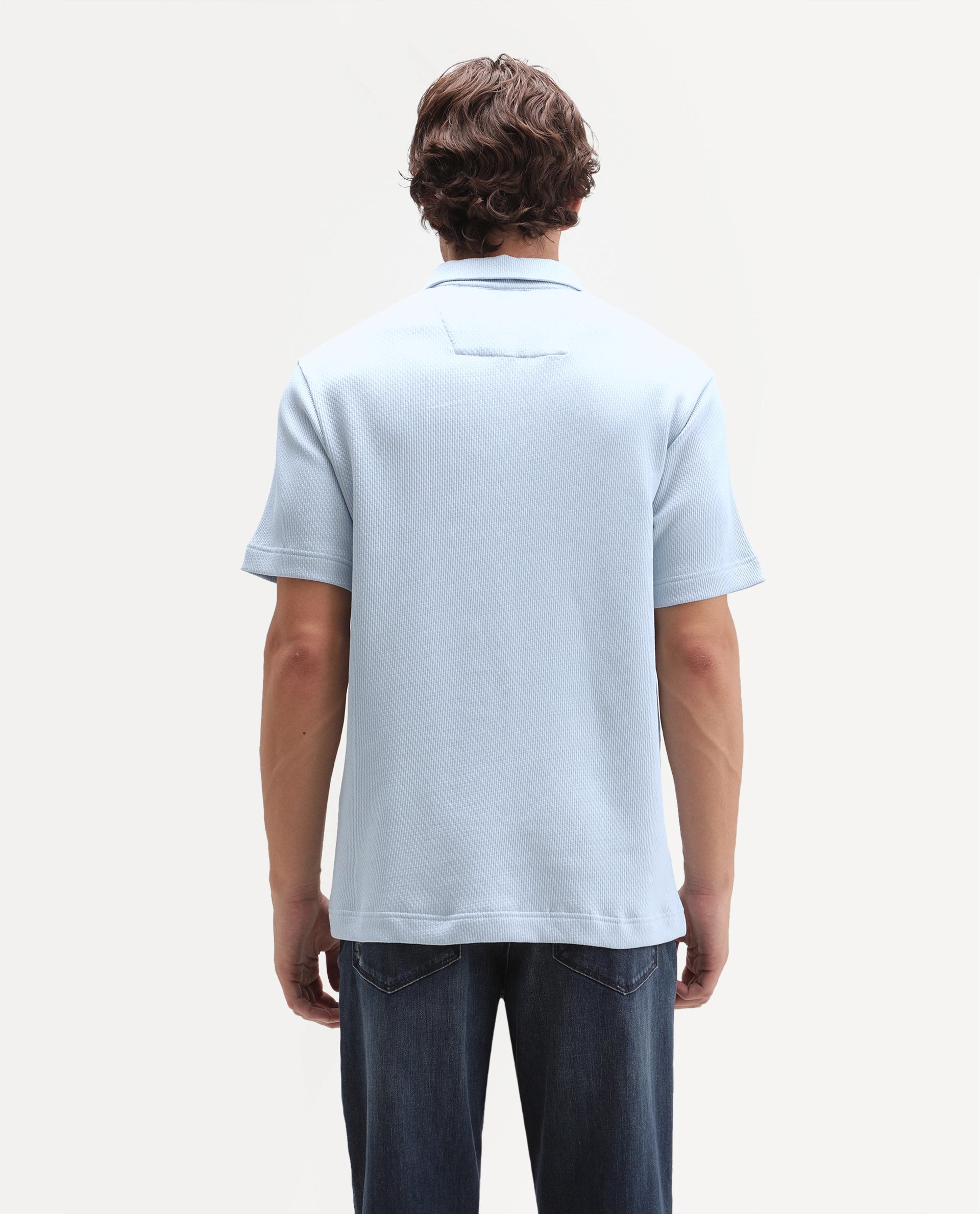 Rare Rabbit Men's Dreak Light Blue Cotton Blend Spread Collar Regular Jacquard Polo