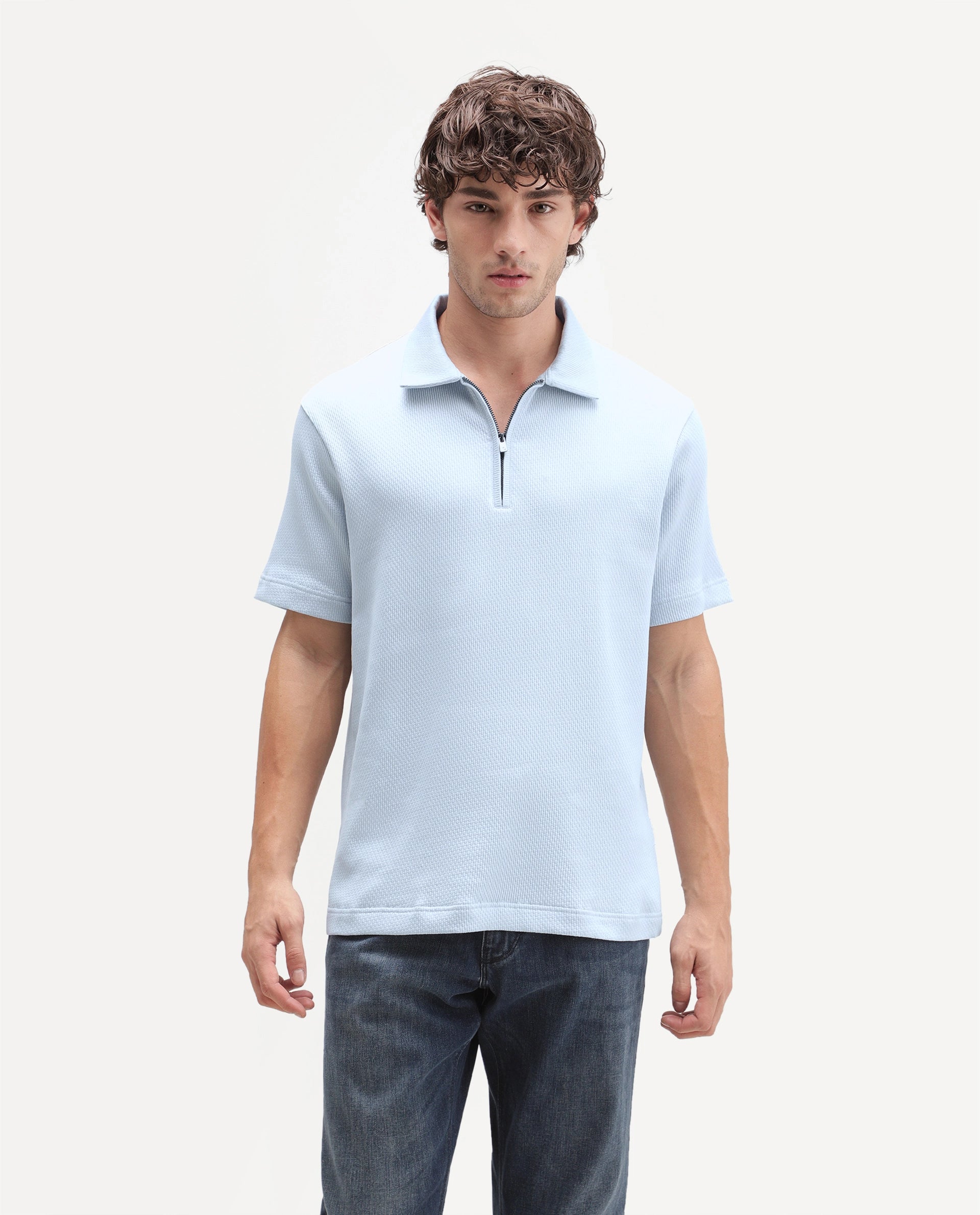 Rare Rabbit Men's Dreak Light Blue Cotton Blend Spread Collar Regular Jacquard Polo