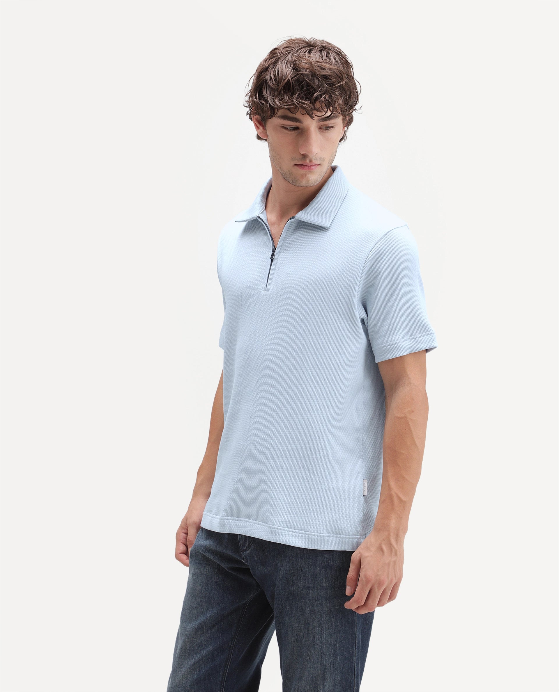 Rare Rabbit Men's Dreak Light Blue Cotton Blend Spread Collar Regular Jacquard Polo