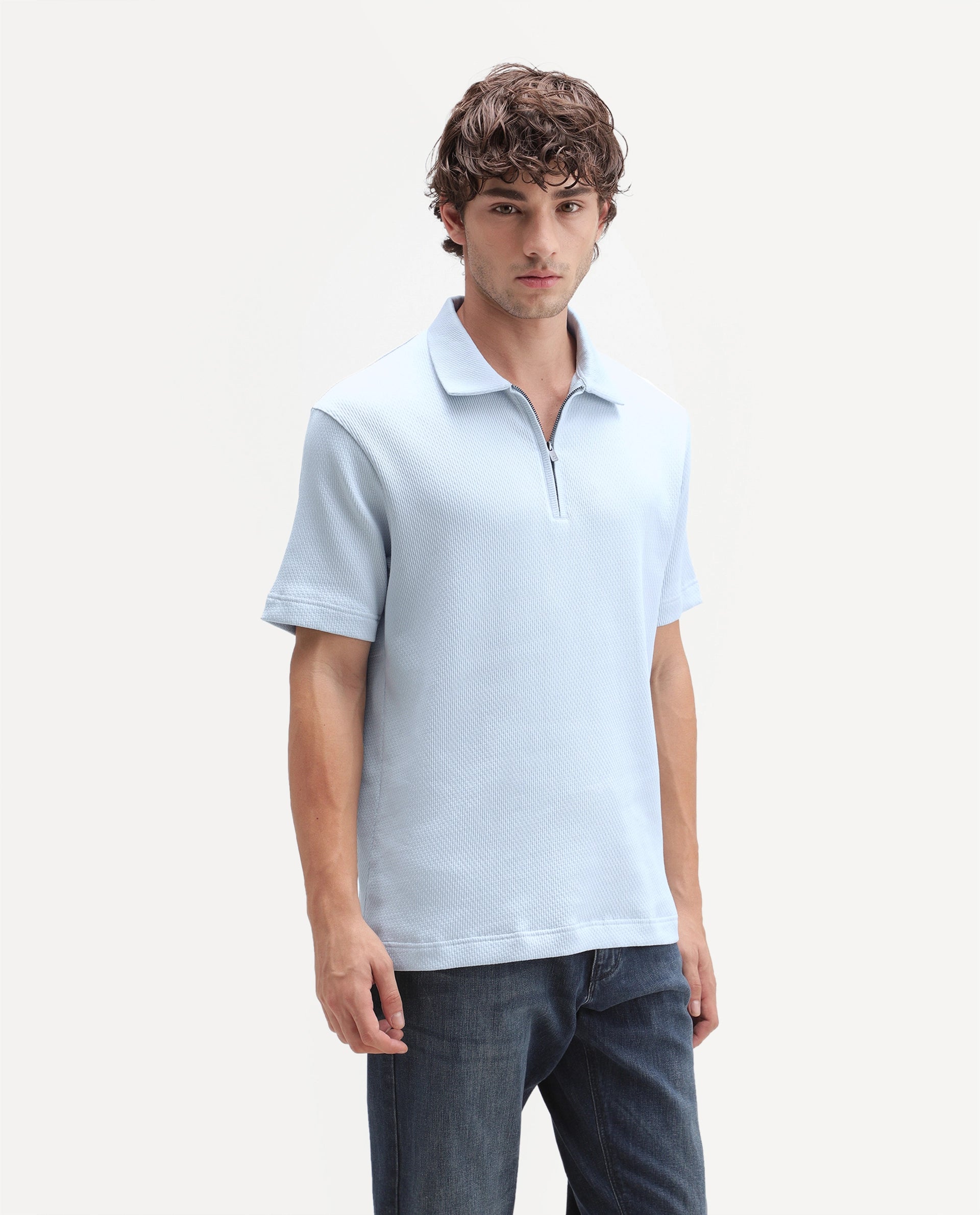 Rare Rabbit Men's Dreak Light Blue Cotton Blend Spread Collar Regular Jacquard Polo