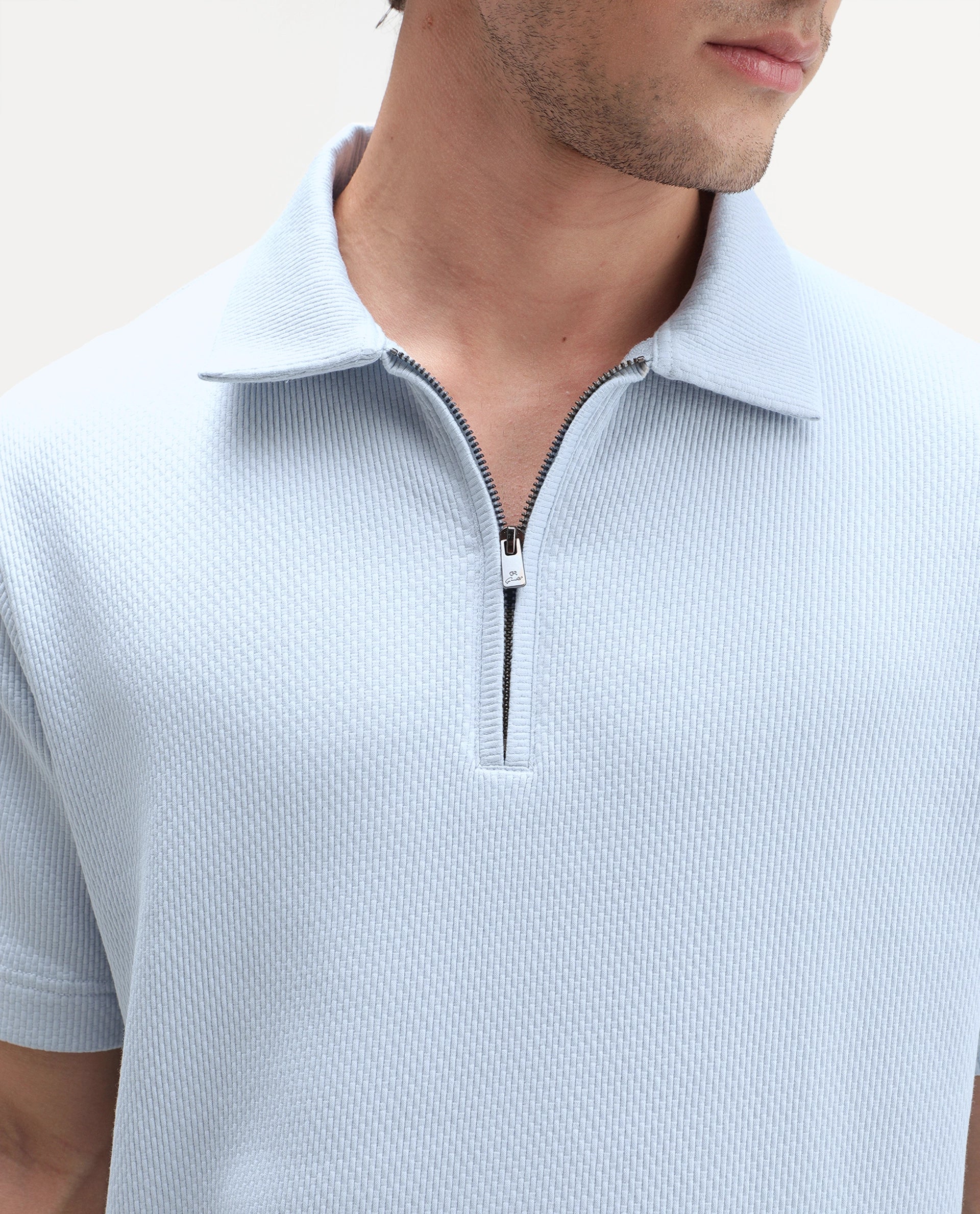 Rare Rabbit Men's Dreak Light Blue Cotton Blend Spread Collar Regular Jacquard Polo