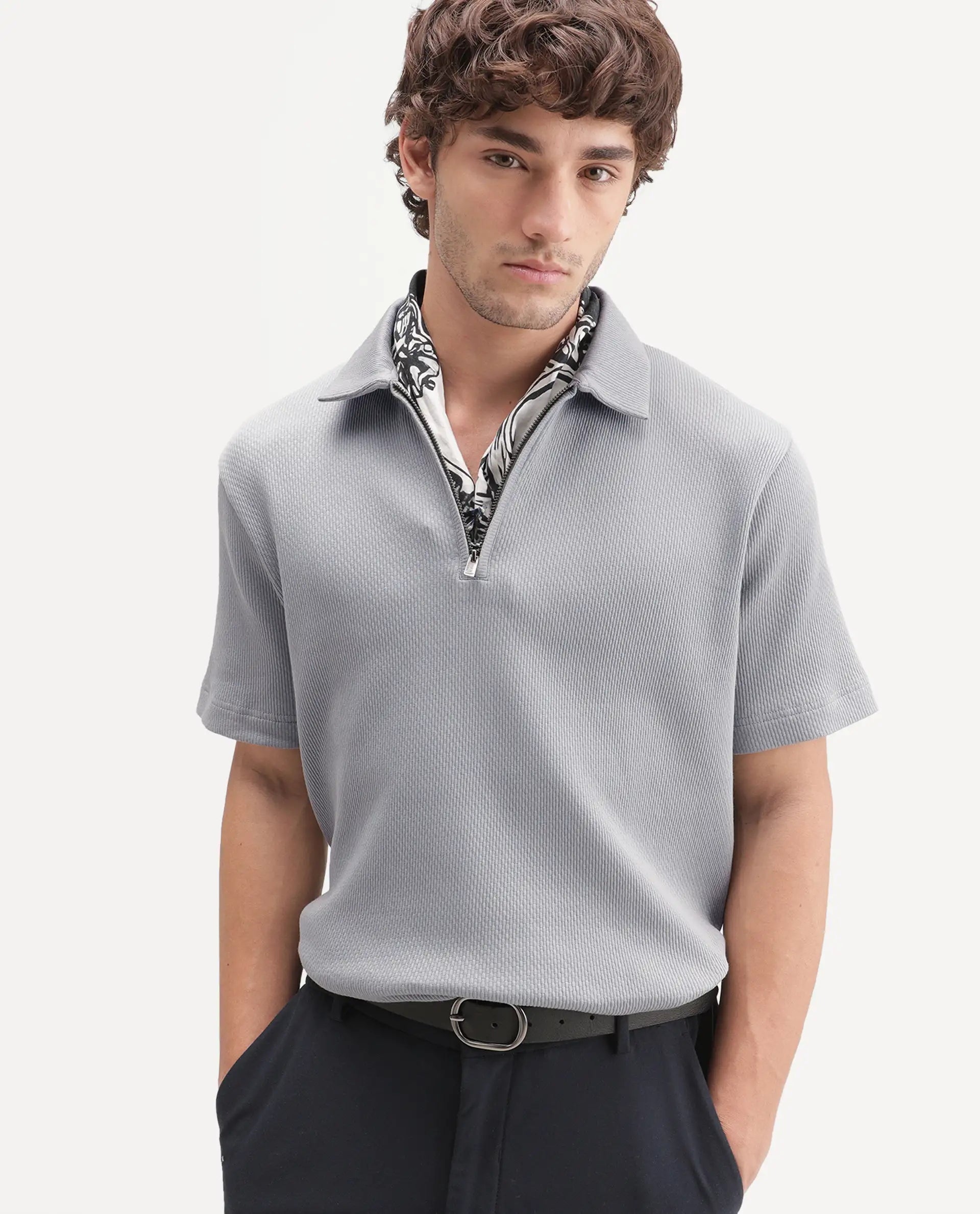 Rare Rabbit Men's Dreak Light Grey Cotton Blend Spread Collar Regular Jacquard Polo