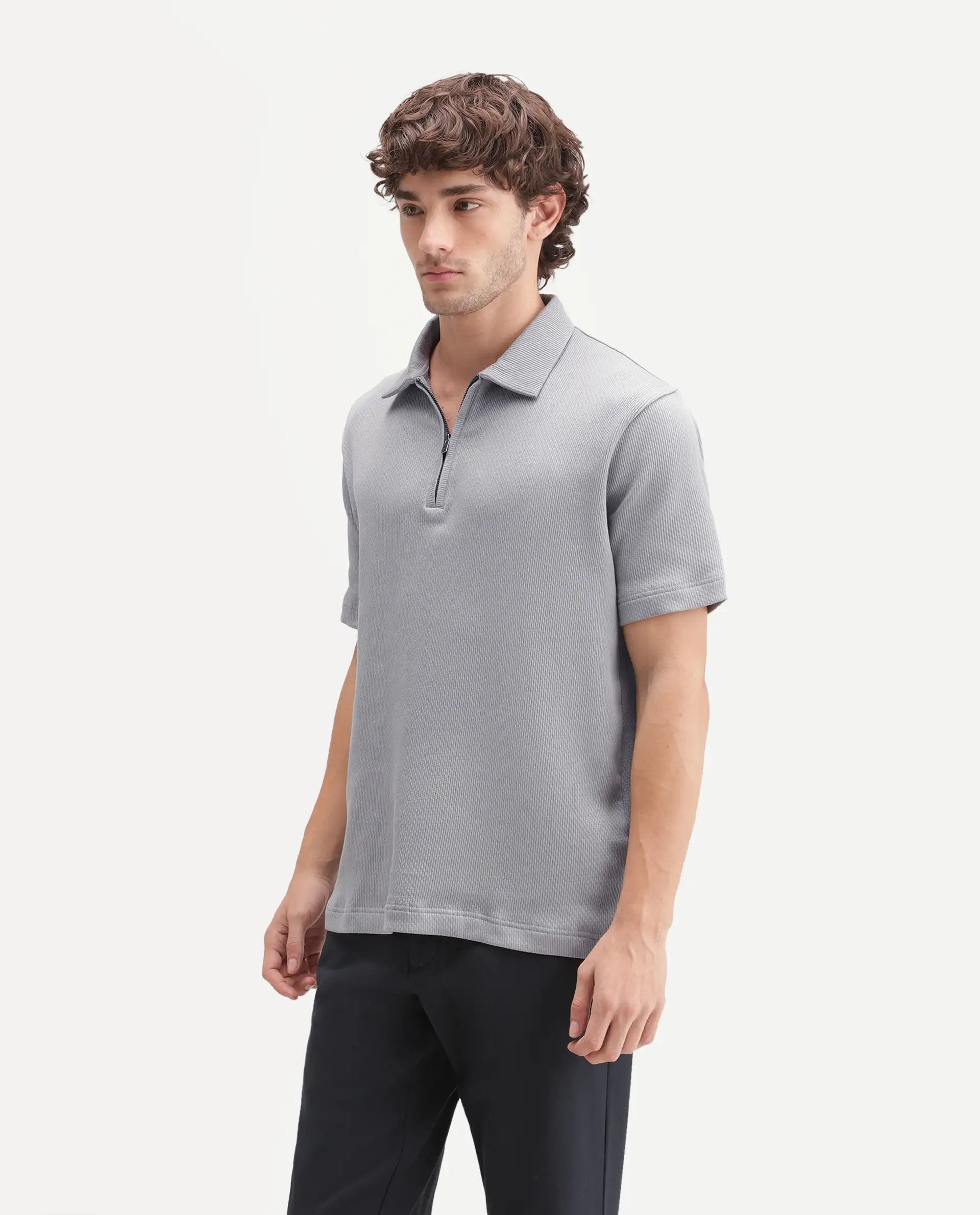 Rare Rabbit Men's Dreak Light Grey Cotton Blend Spread Collar Regular Jacquard Polo