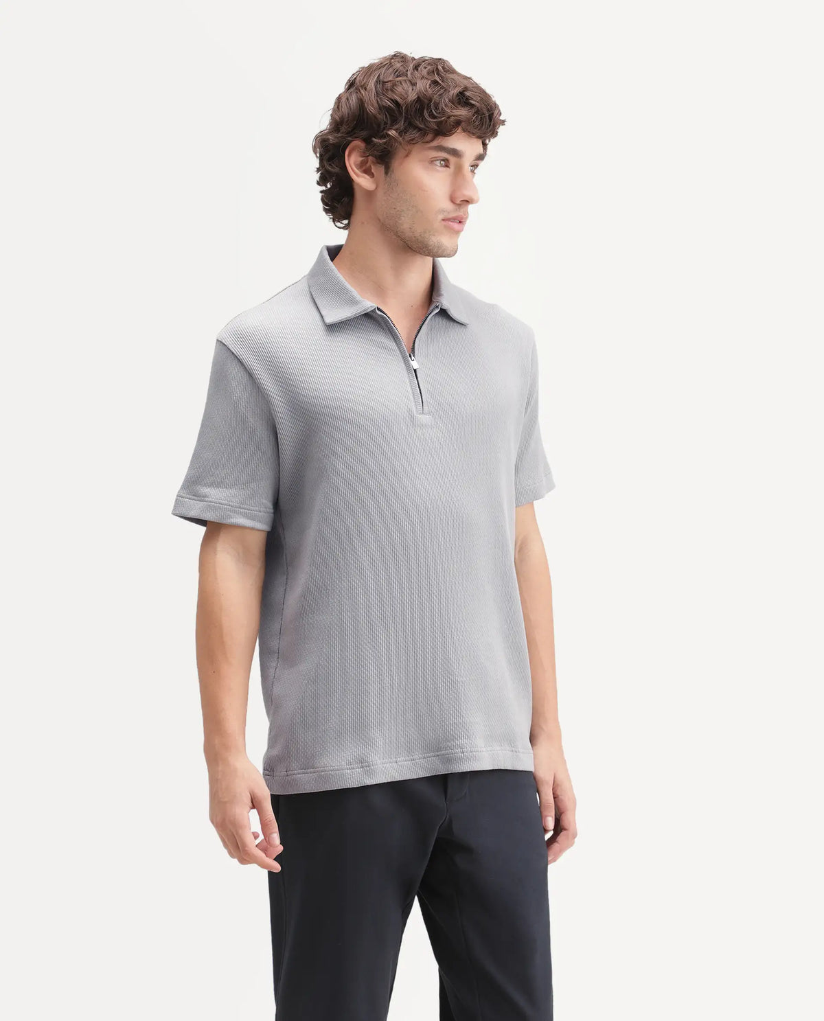 Rare Rabbit Men's Dreak Light Grey Cotton Blend Spread Collar Regular Jacquard Polo