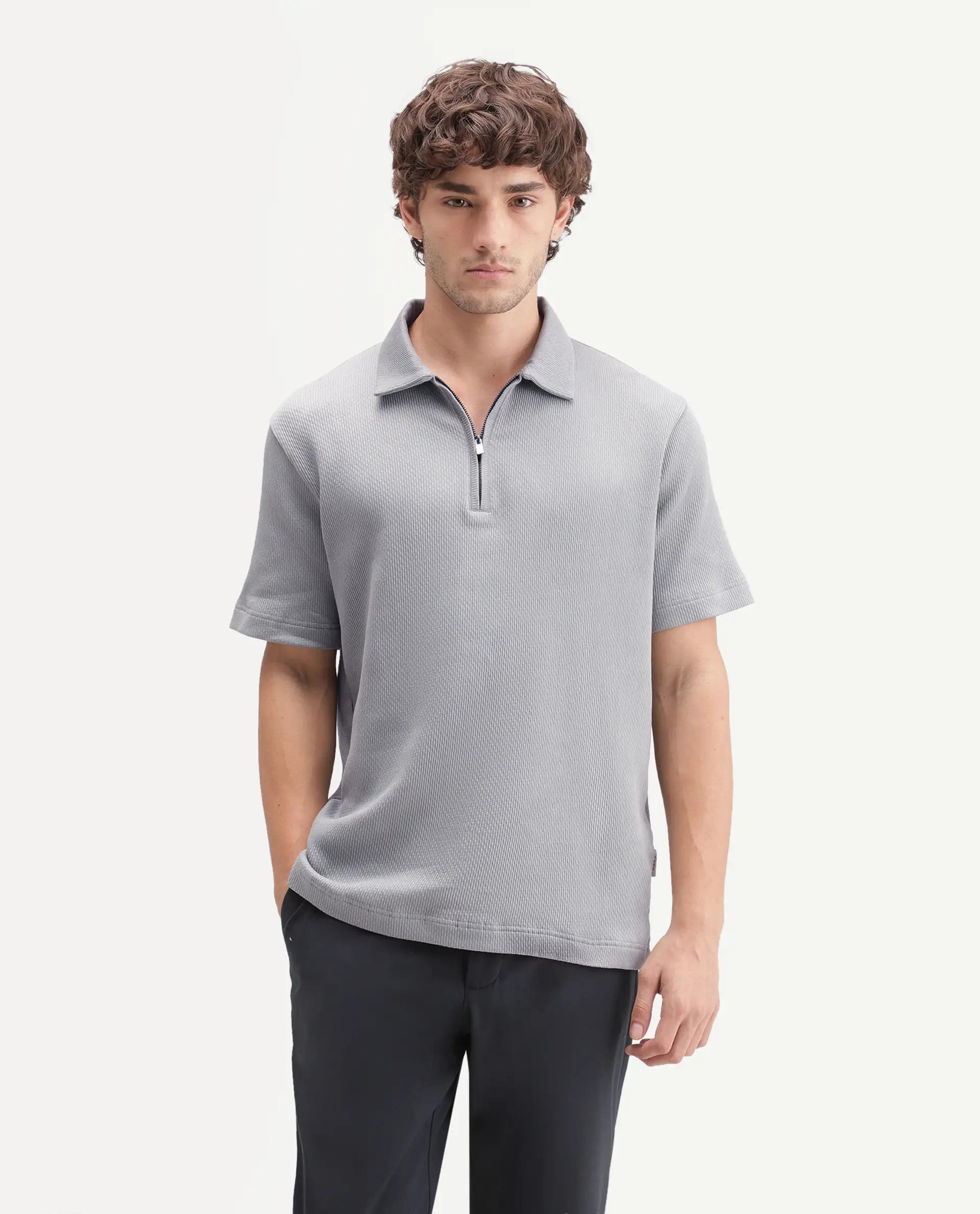 Rare Rabbit Men's Dreak Light Grey Cotton Blend Spread Collar Regular Jacquard Polo