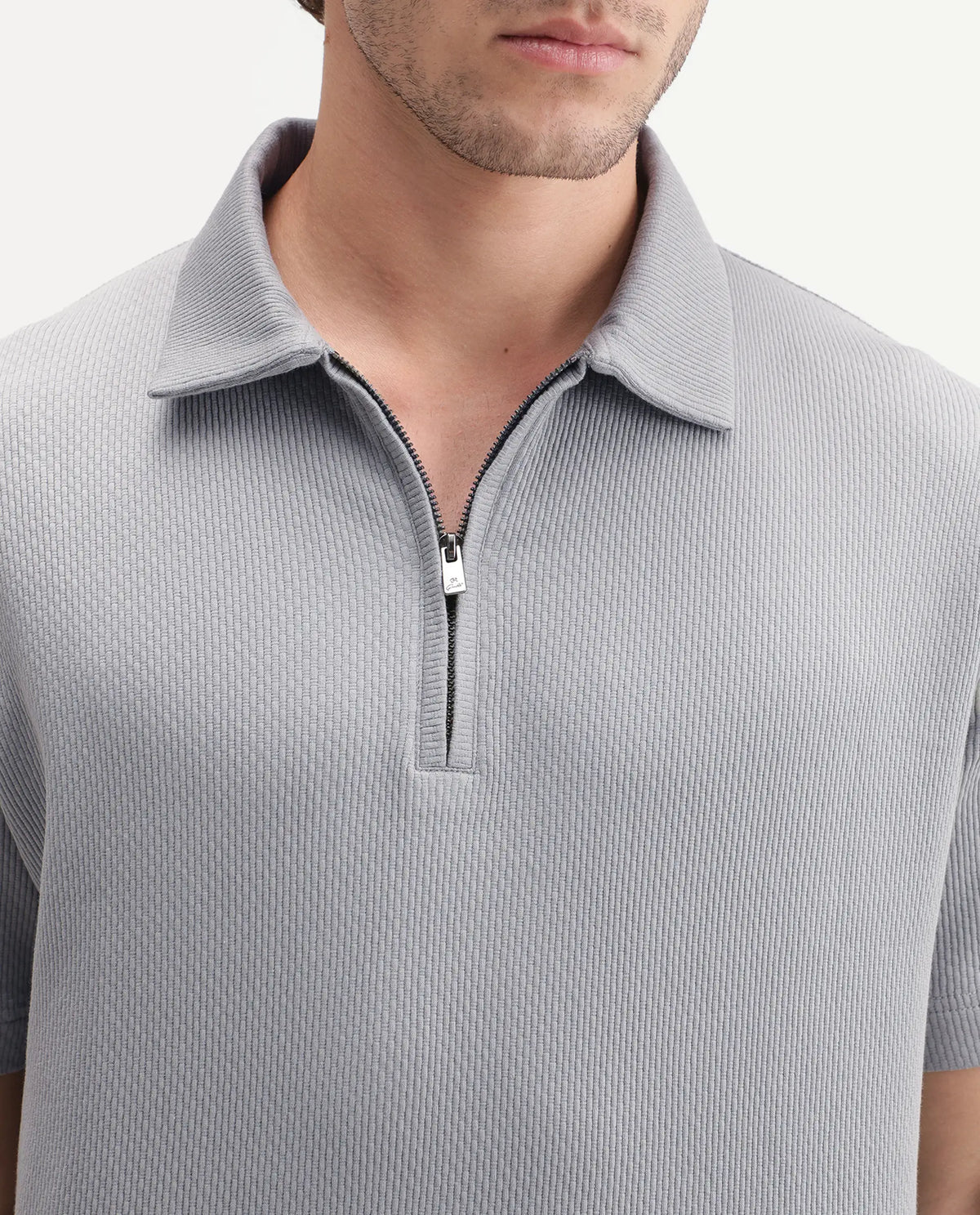 Rare Rabbit Men's Dreak Light Grey Cotton Blend Spread Collar Regular Jacquard Polo