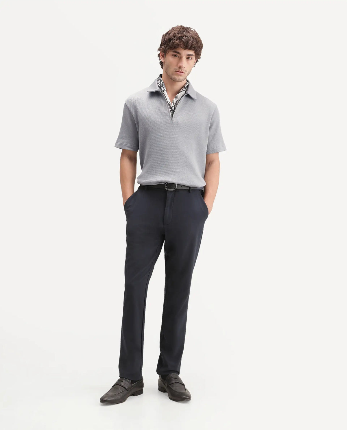 Rare Rabbit Men's Dreak Light Grey Cotton Blend Spread Collar Regular Jacquard Polo