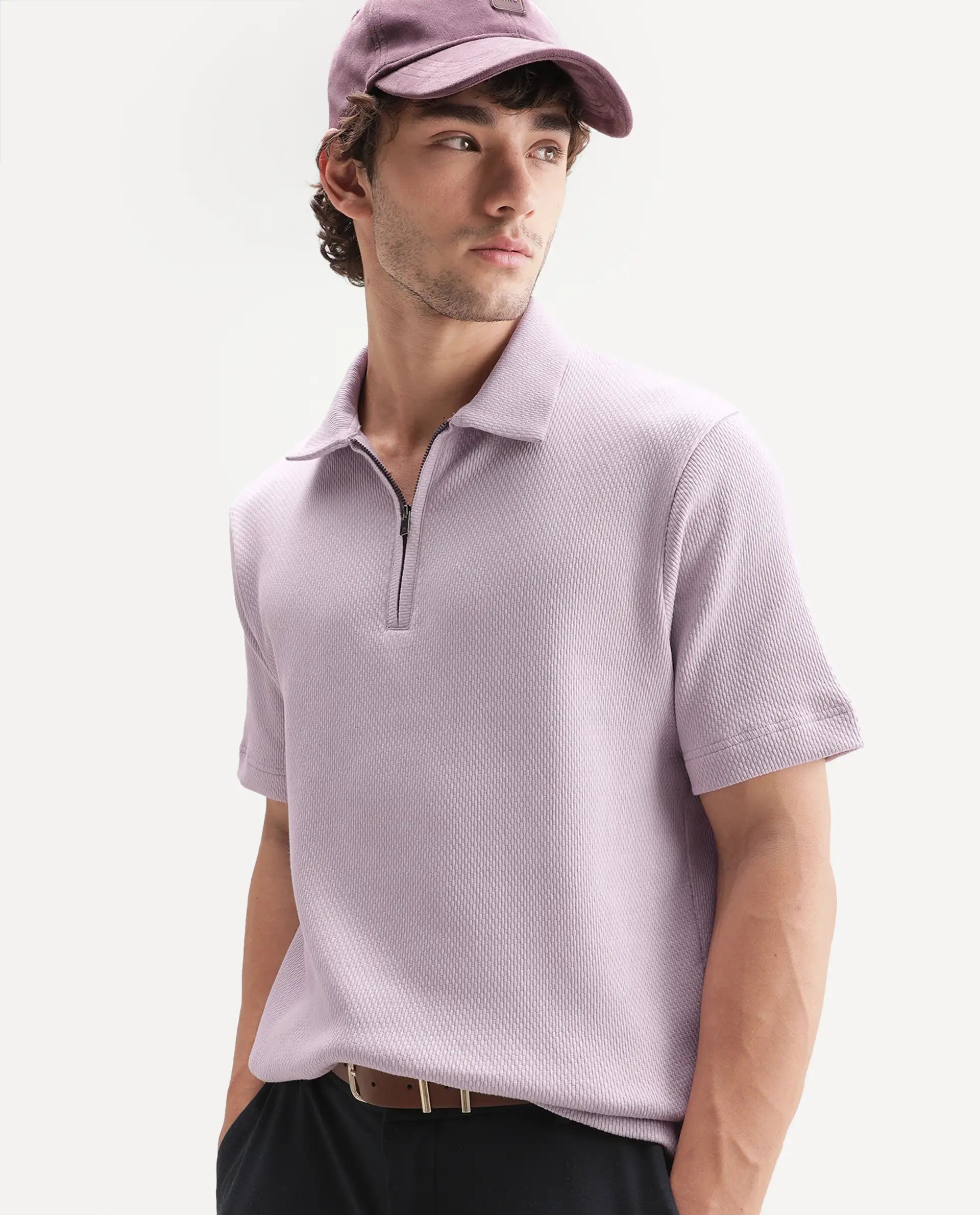 Rare Rabbit Men's Dreak Light Pink Cotton Blend Spread Collar Regular Jacquard Polo