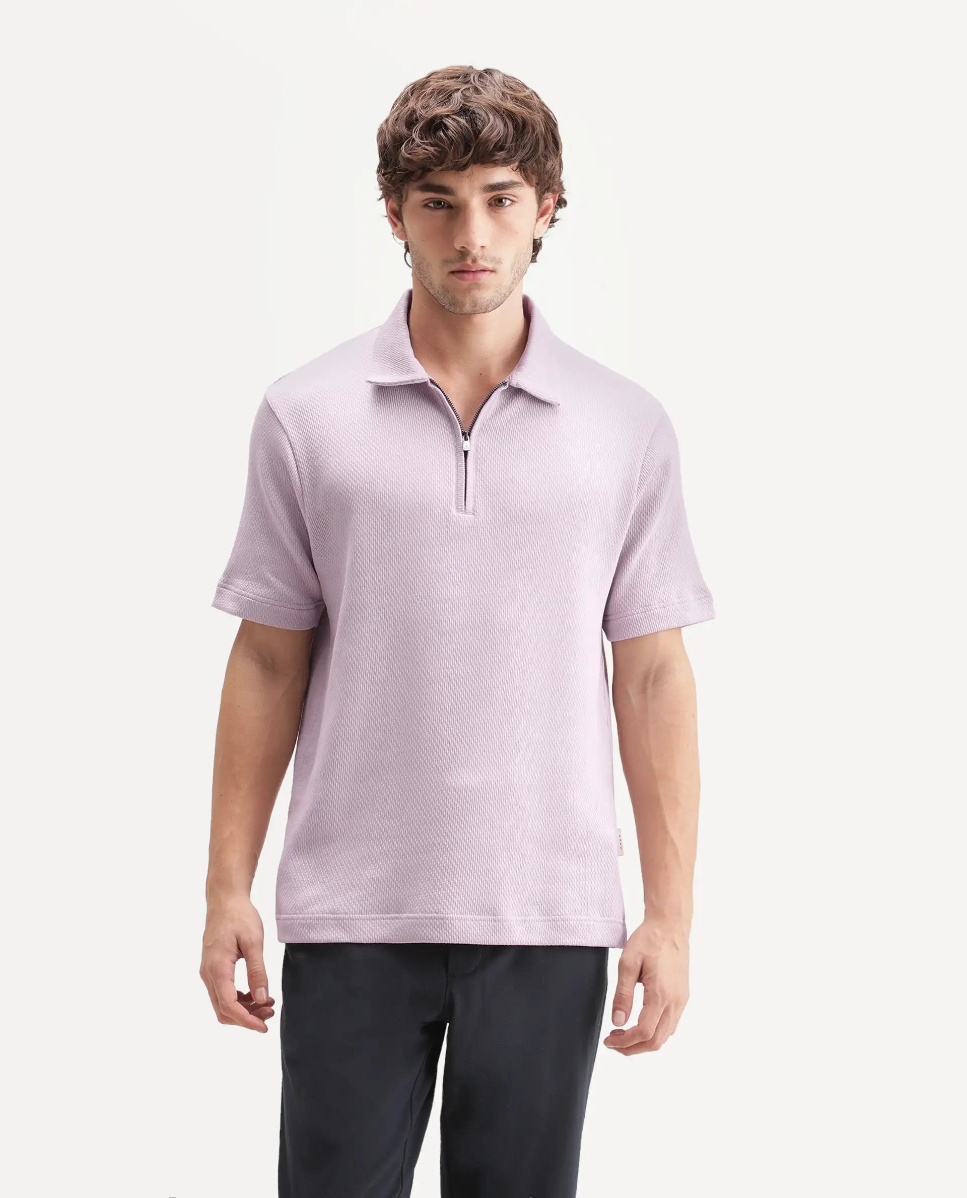 Rare Rabbit Men's Dreak Light Pink Cotton Blend Spread Collar Regular Jacquard Polo