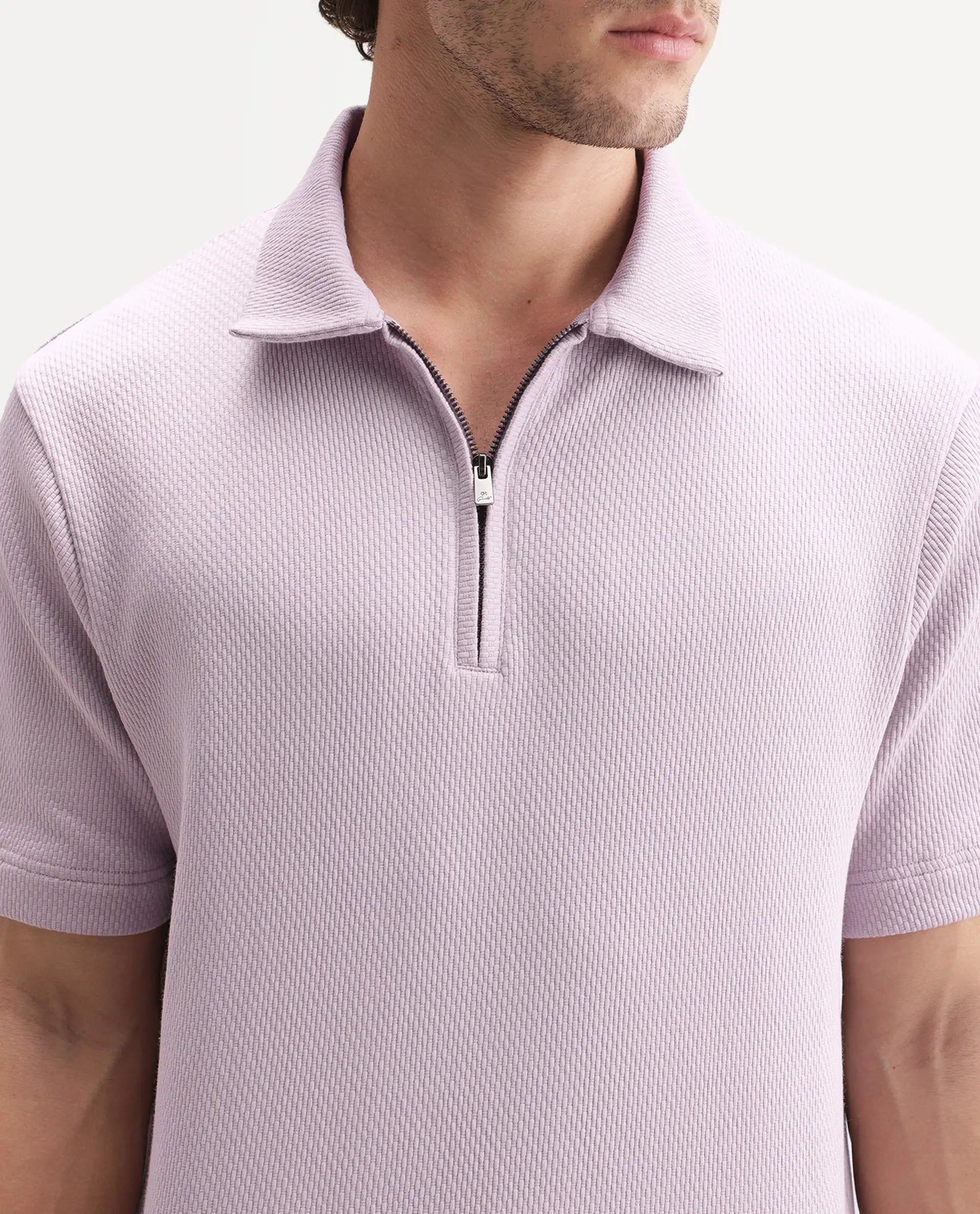 Rare Rabbit Men's Dreak Light Pink Cotton Blend Spread Collar Regular Jacquard Polo