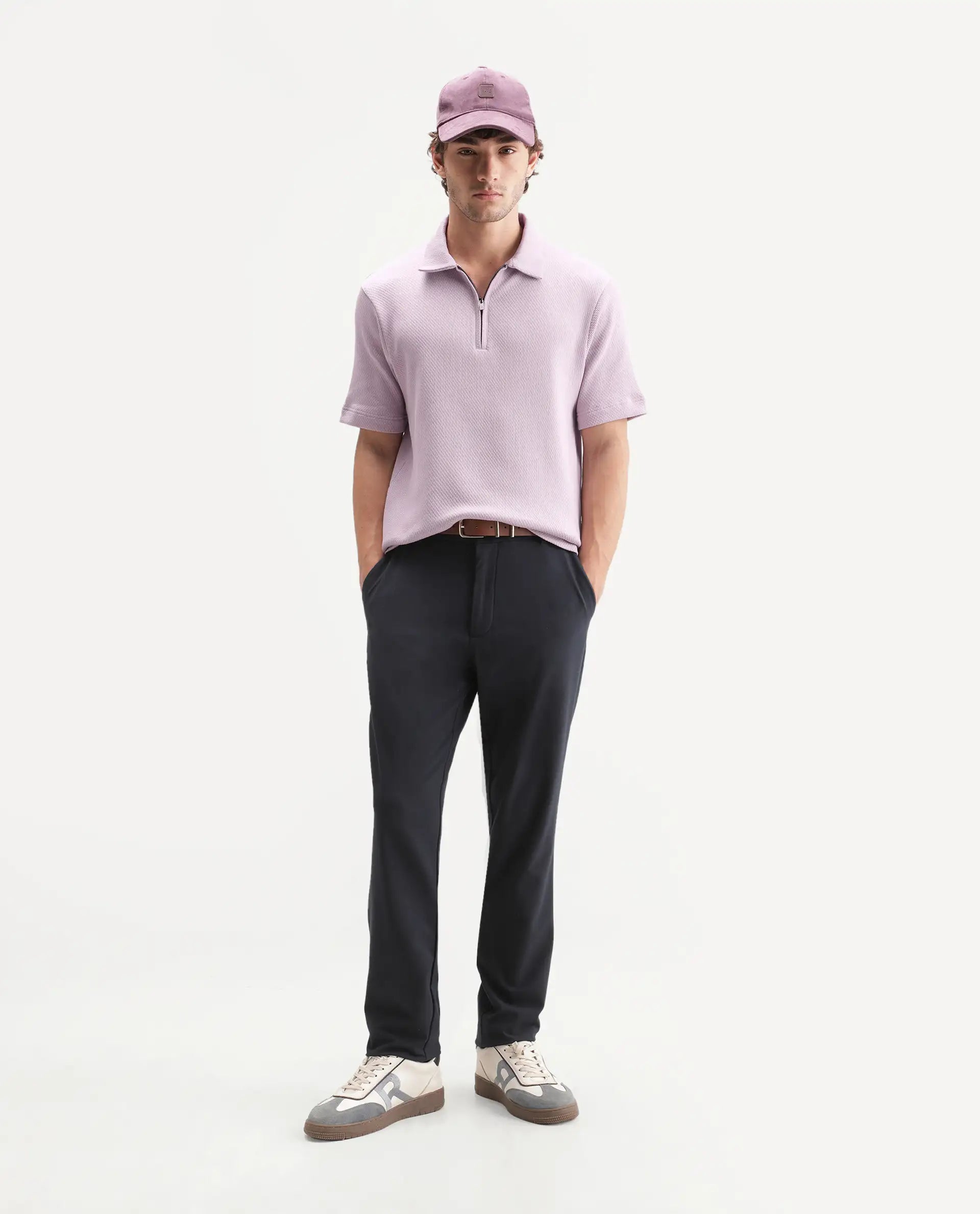 Rare Rabbit Men's Dreak Light Pink Cotton Blend Spread Collar Regular Jacquard Polo