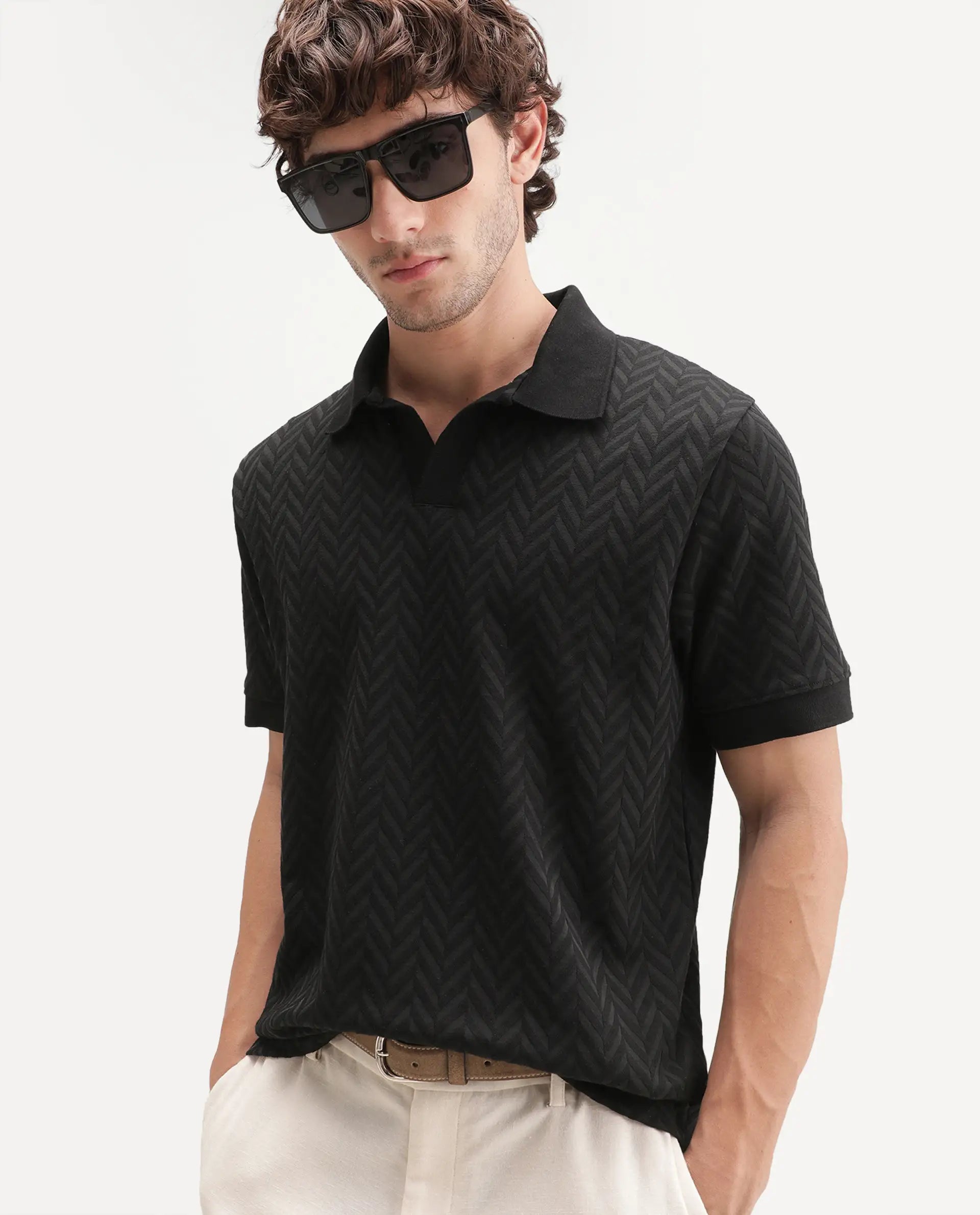 Rare Rabbit Men's Drows Black Cotton Blend Johnny Collar Regular Jacquard Polo