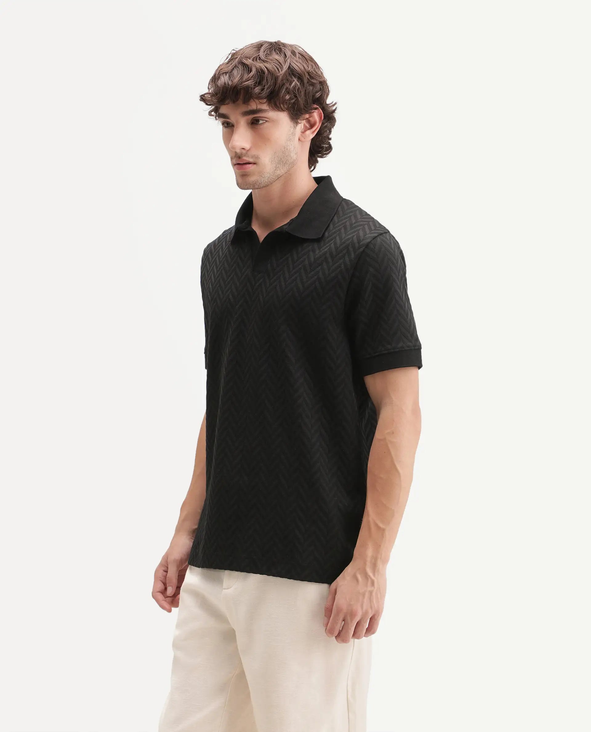 Rare Rabbit Men's Drows Black Cotton Blend Johnny Collar Regular Jacquard Polo