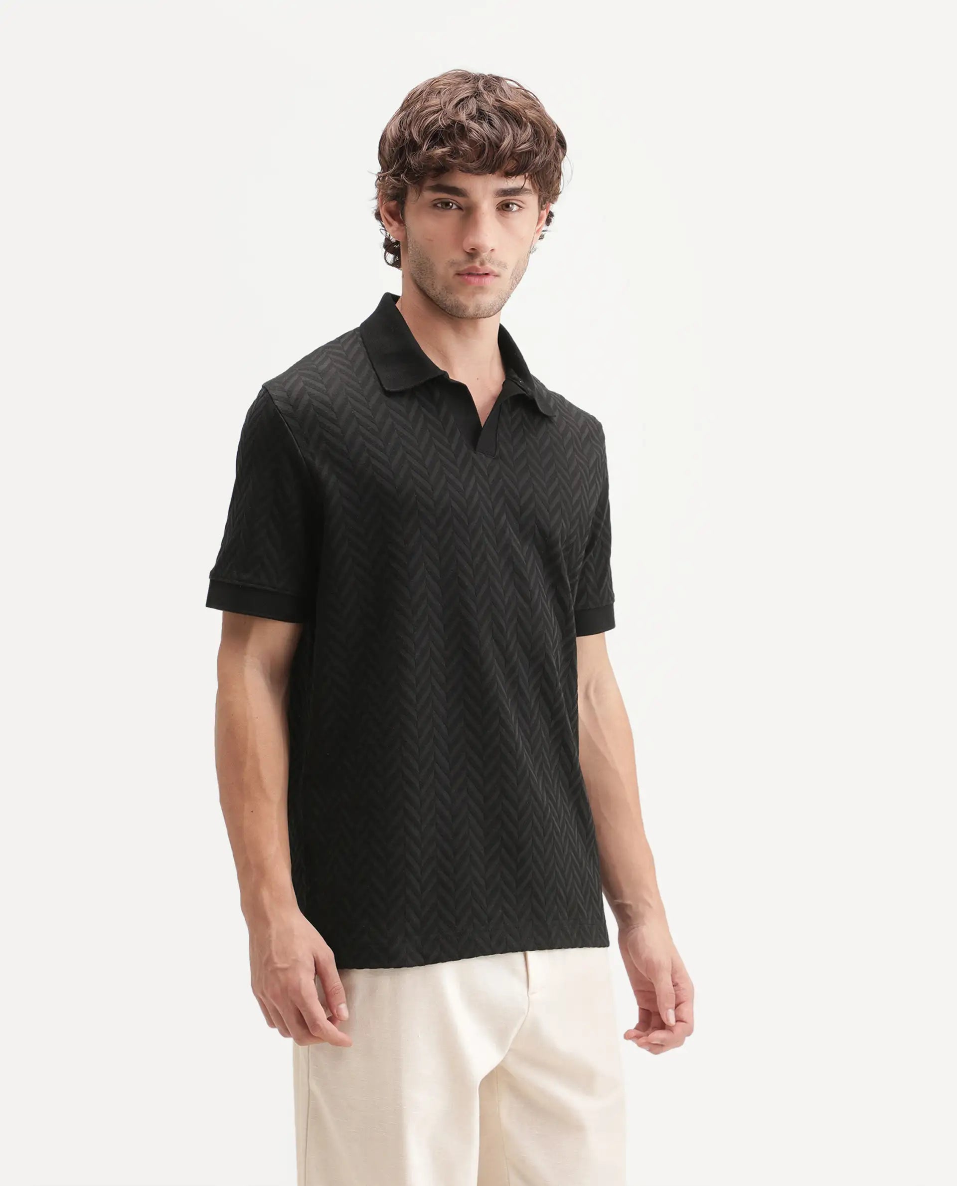 Rare Rabbit Men's Drows Black Cotton Blend Johnny Collar Regular Jacquard Polo